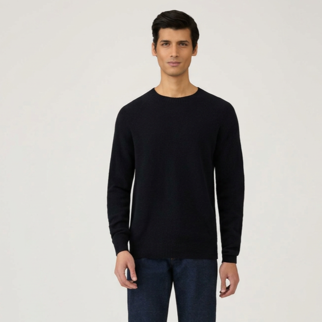 Front View of Model in Sunspel Lambswool Crew Neck Jumper in Dark Navy Mouline