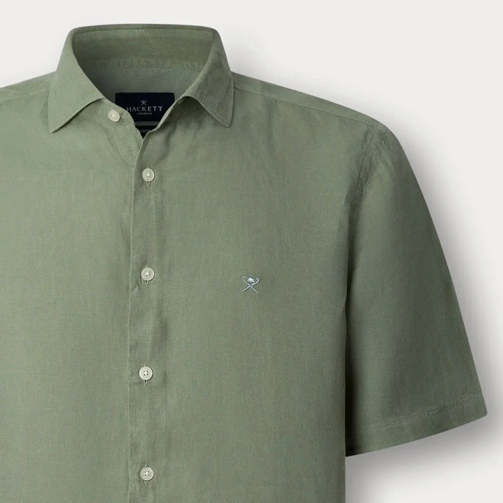 Close View of Hackett Slim Fit Linen Short Sleeve Shirt in Green