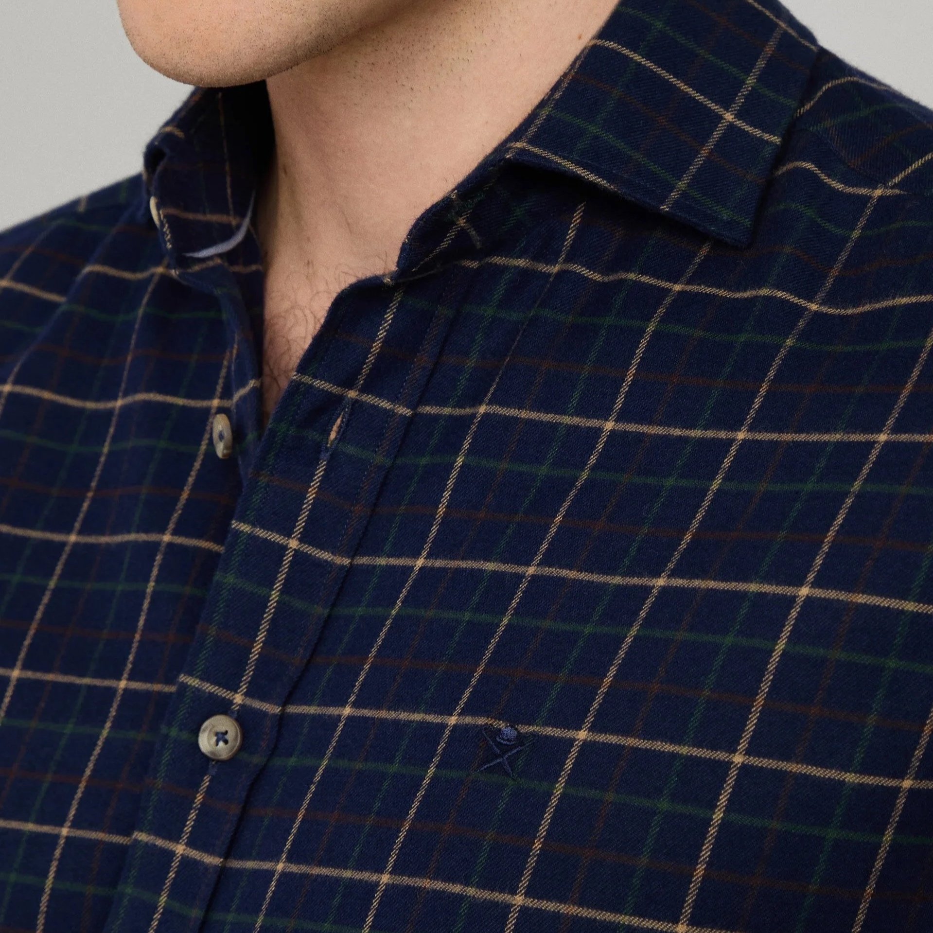 Close Model View of Hackett Slim Fit Flannel Check Shirt in Navy and Multi