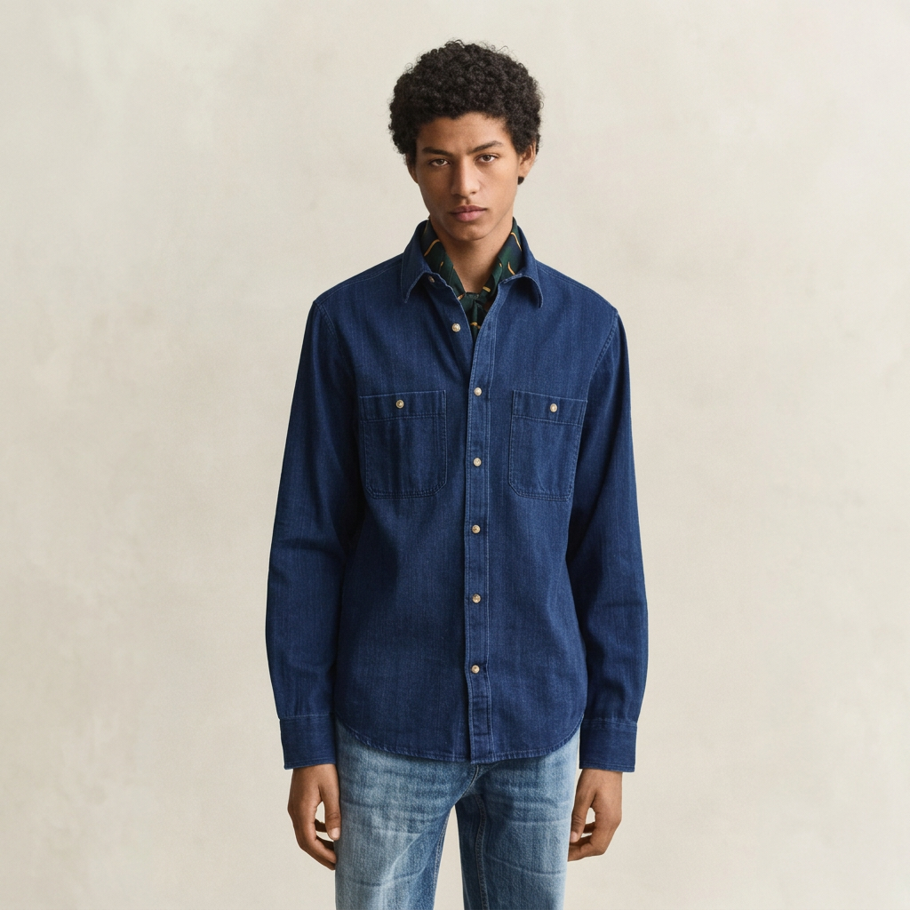 Front View of Model in GANT Regular Fit Indigo Herringbone Shirt in Mid Blue