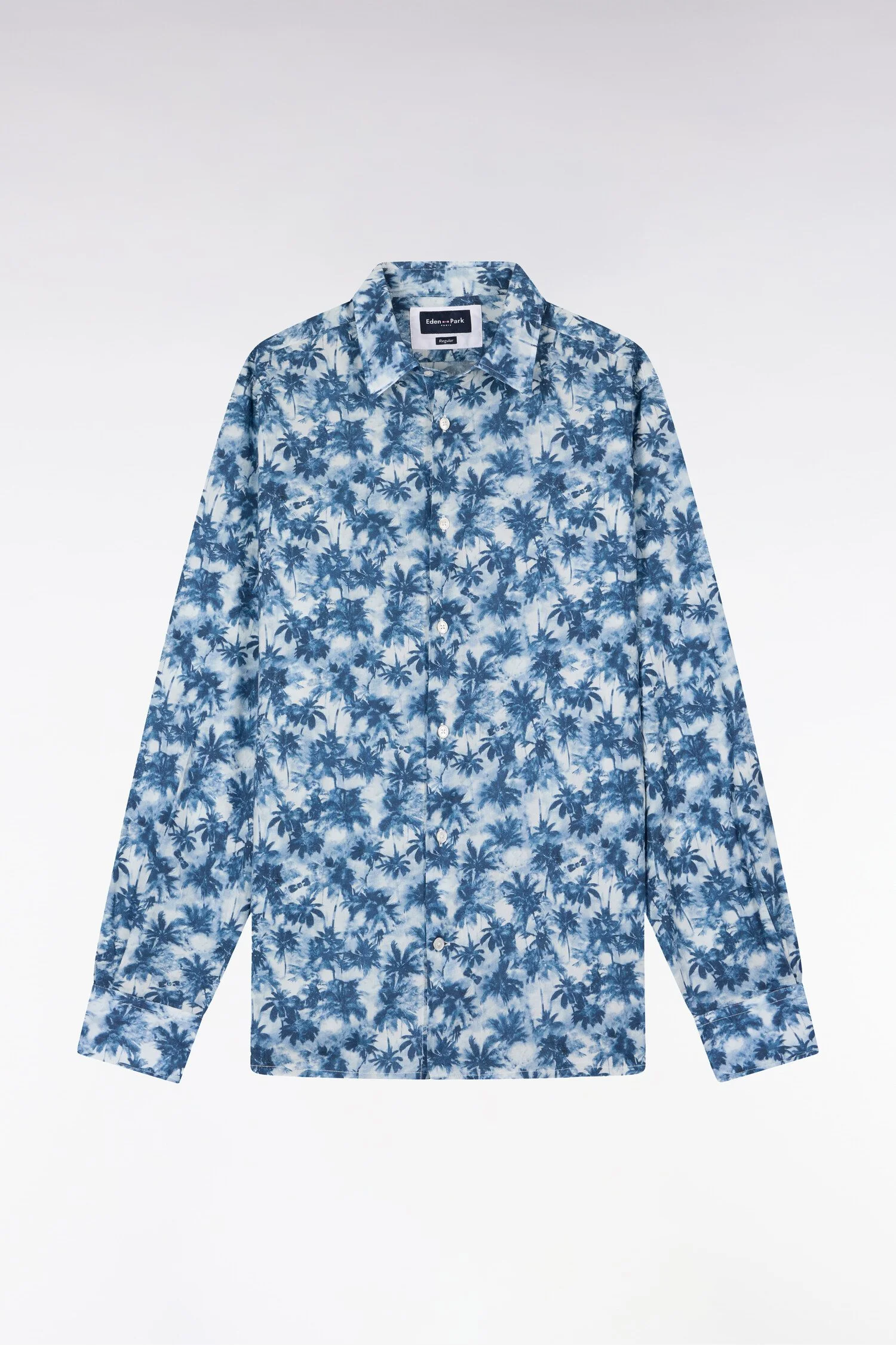 Flat View of Eden Park Palm Tree Print Shirt in Denim Blue