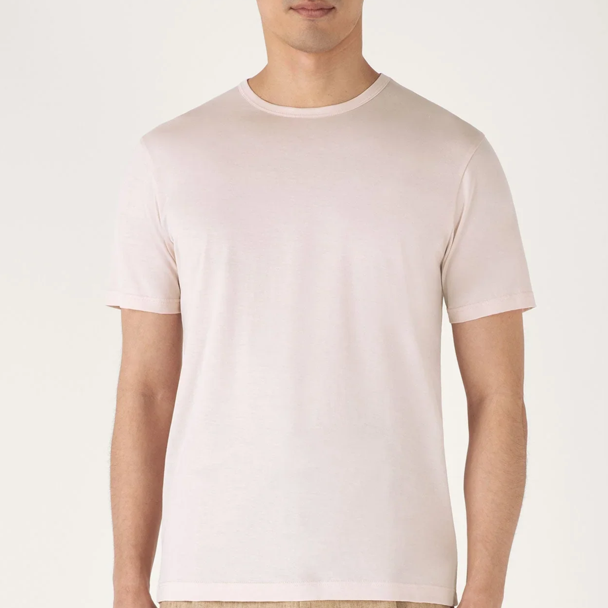 Model View of Sunspel Luxury Signature T Shirt in Pink