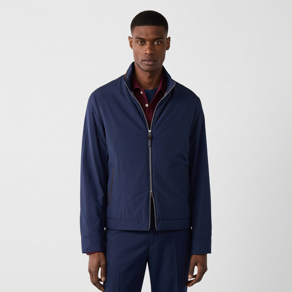 Front View of Model in Hackett Lightweight Blouson Jacket in Navy
