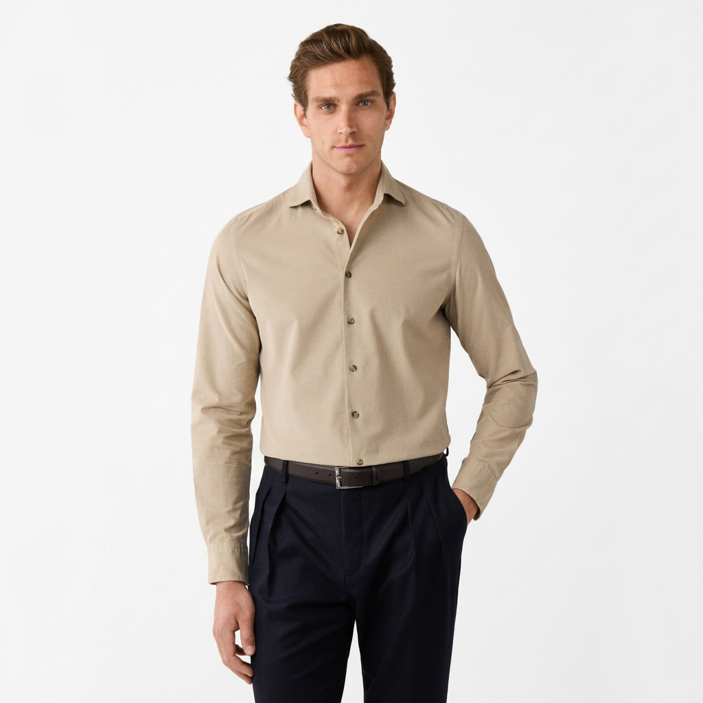 Front View of Model in Hackett Babycord Shirt in Sand