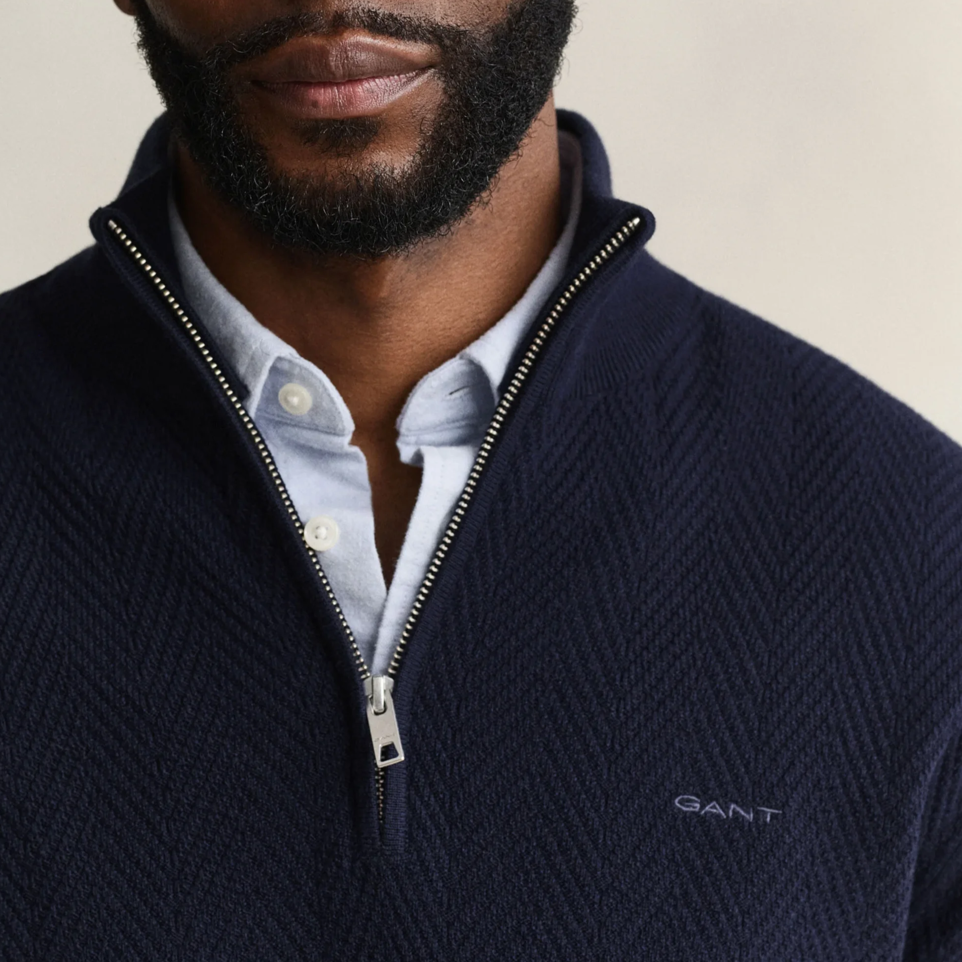 Close View of Model in GANT Herringbone Texture Half Zip in Evening Blue
