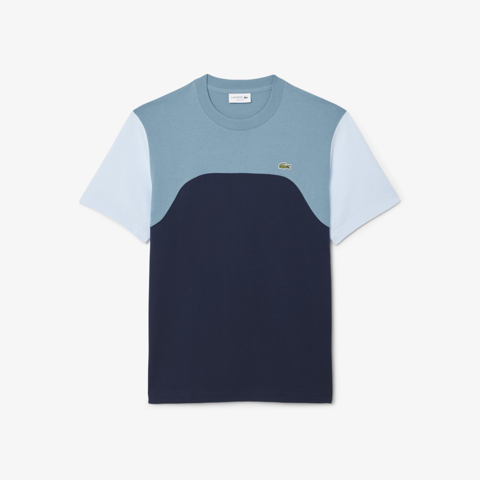 Flat View of Lacoste Colour Block Cotton T Shirt in Navy and Aqua