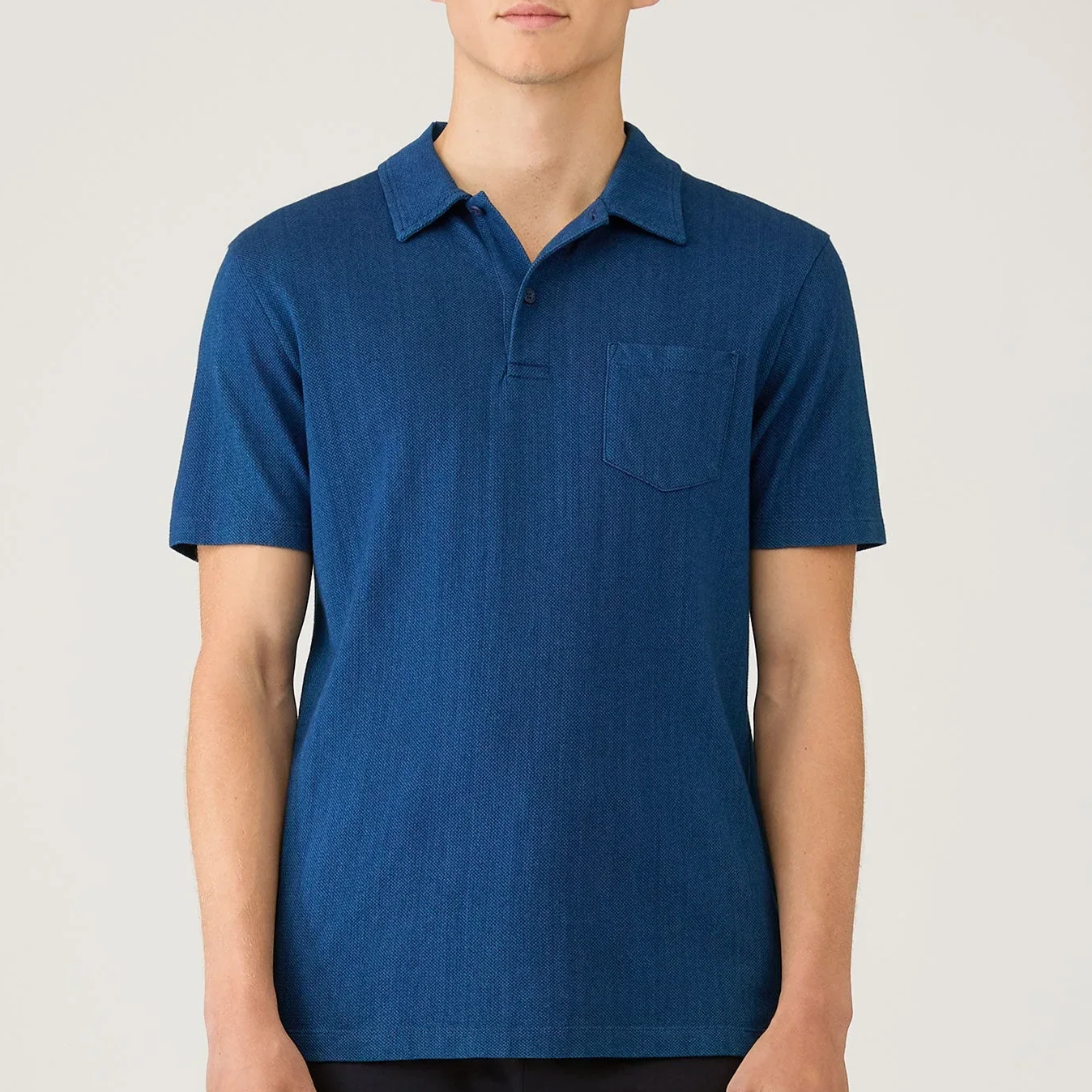 Model View of Sunspel Luxury Riviera Polo in Blue