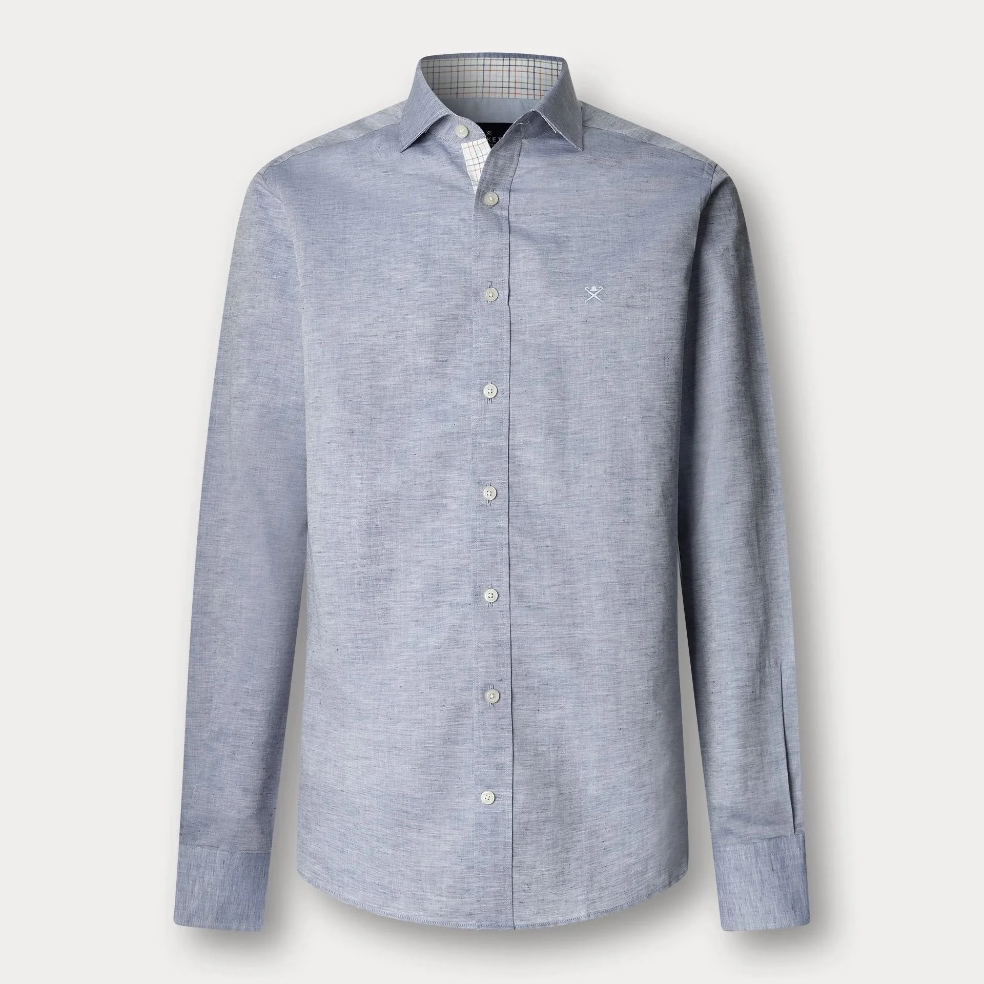 Flat View of Hackett Slim Fit Cotton and Linen Shirt in Blue