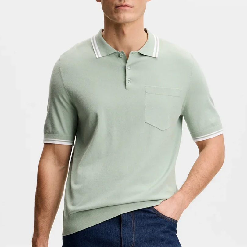 Model View of J Lindeberg Knitted Polo in Soft Green