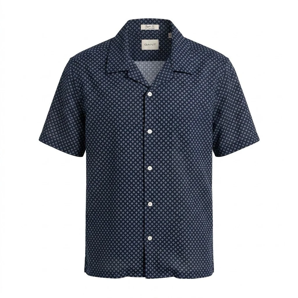 Flat View of GANT Micro Print Linen and Cotton Short Sleeve Shirt in Navy and White