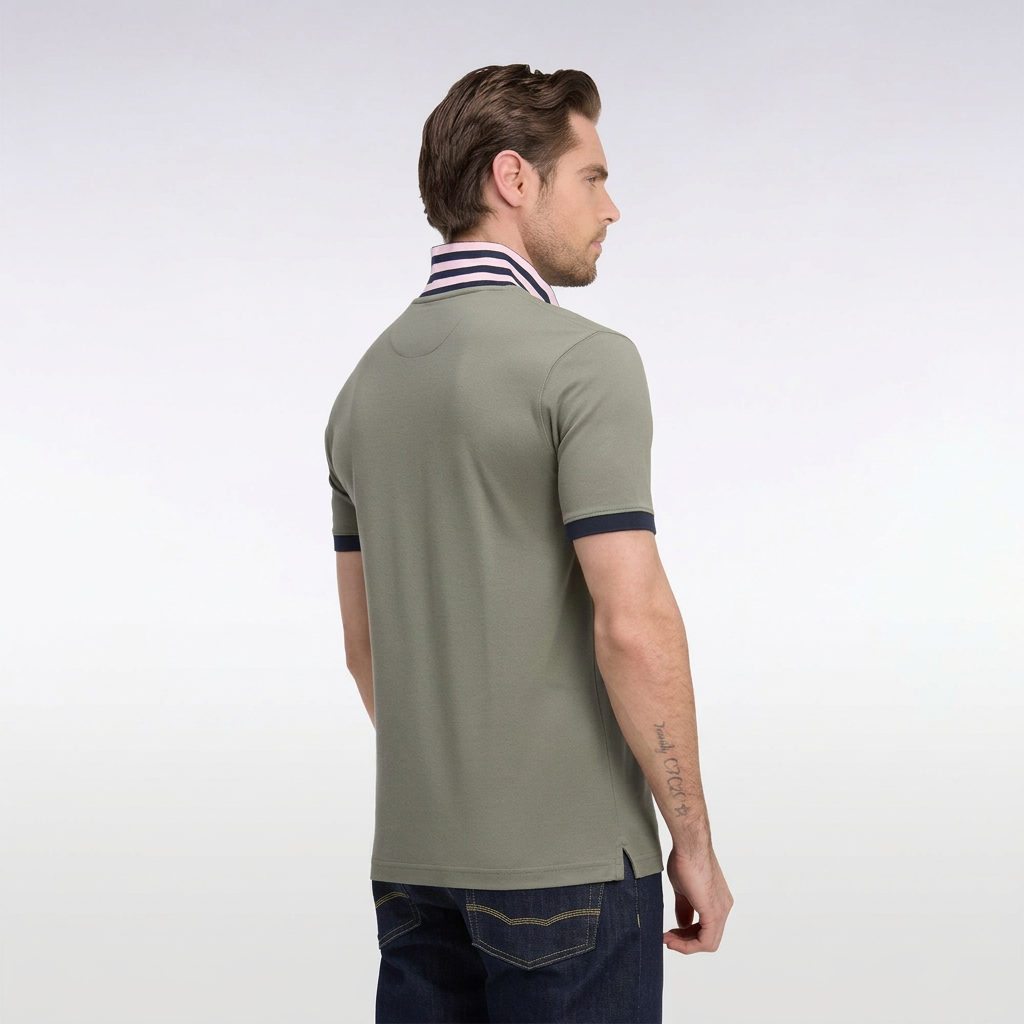 Back View of Model in Eden Park Pima Cotton Polo in Khaki Green