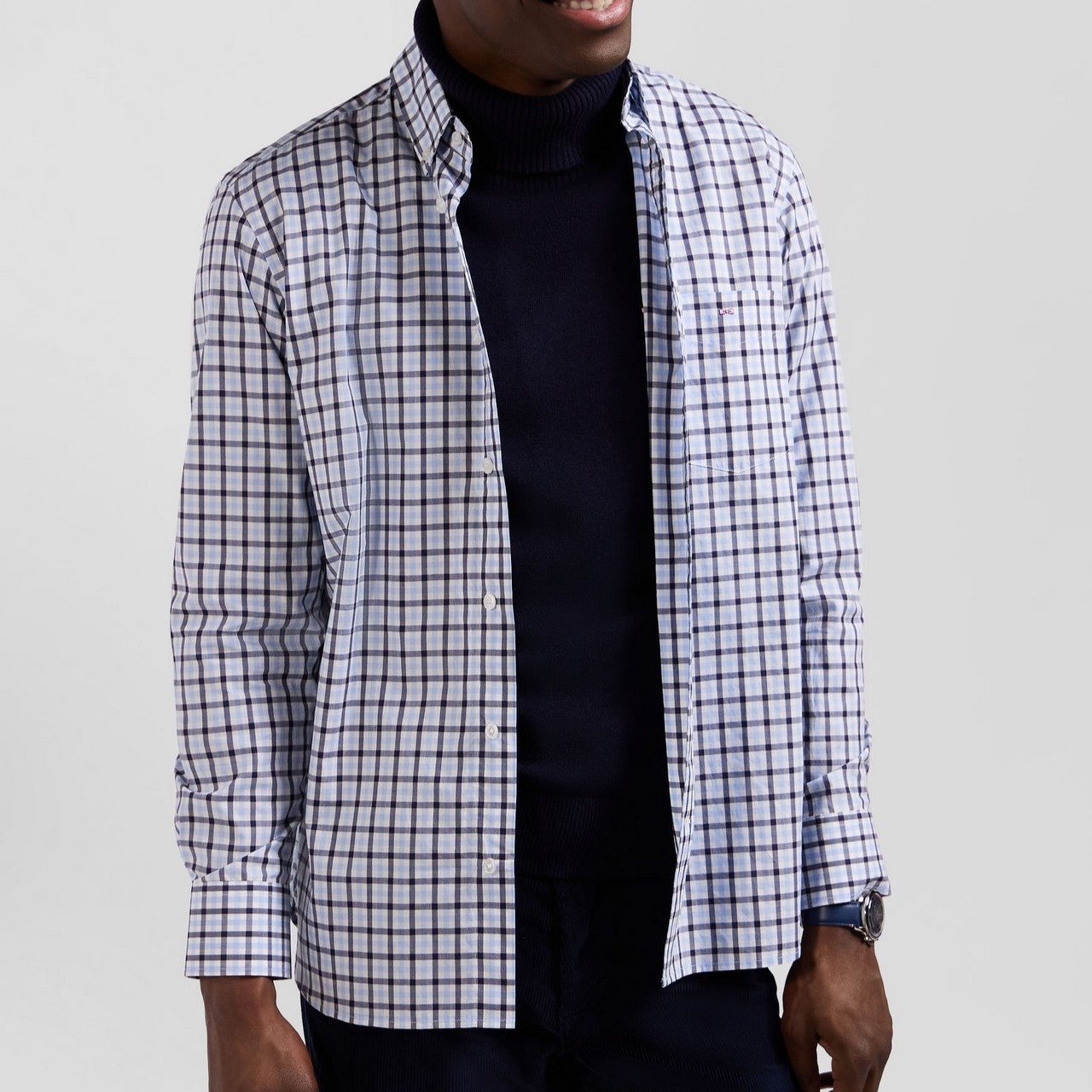 Close View of Model in Eden Park Gingham Check Shirt in Navy and Light Blue