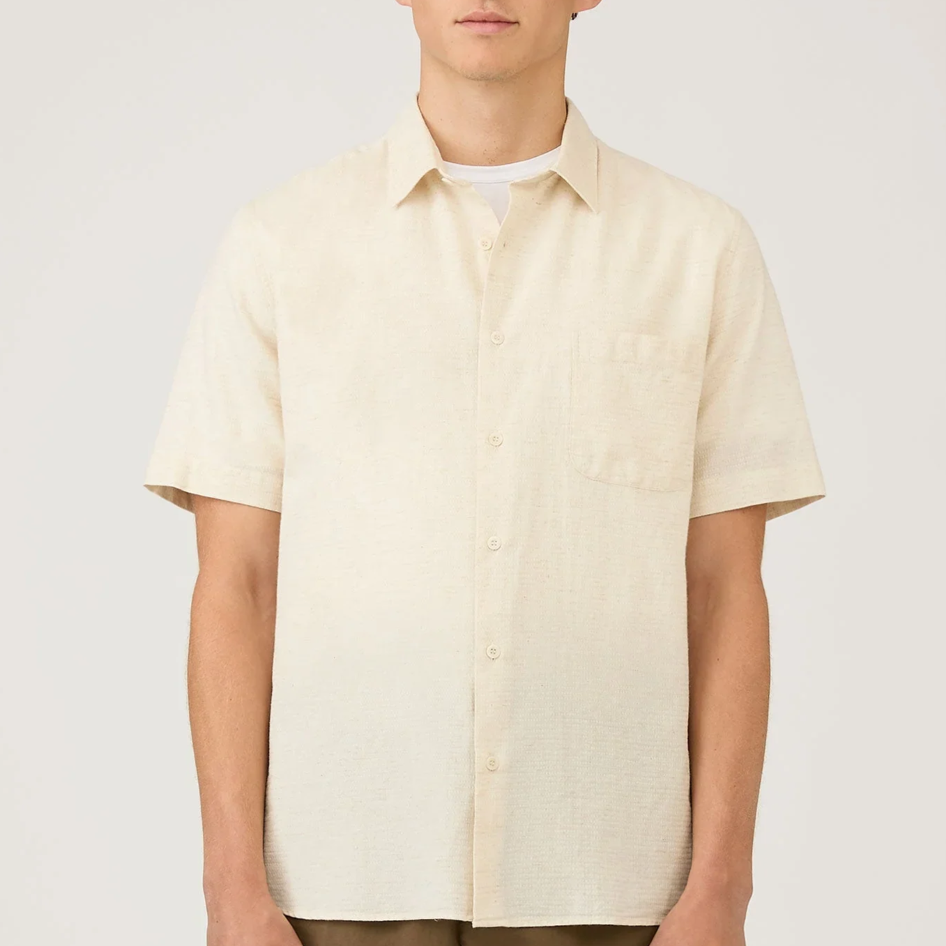 Model View of Sunspel Luxury Cotton and Linen Short Sleeve Shirt in Sand