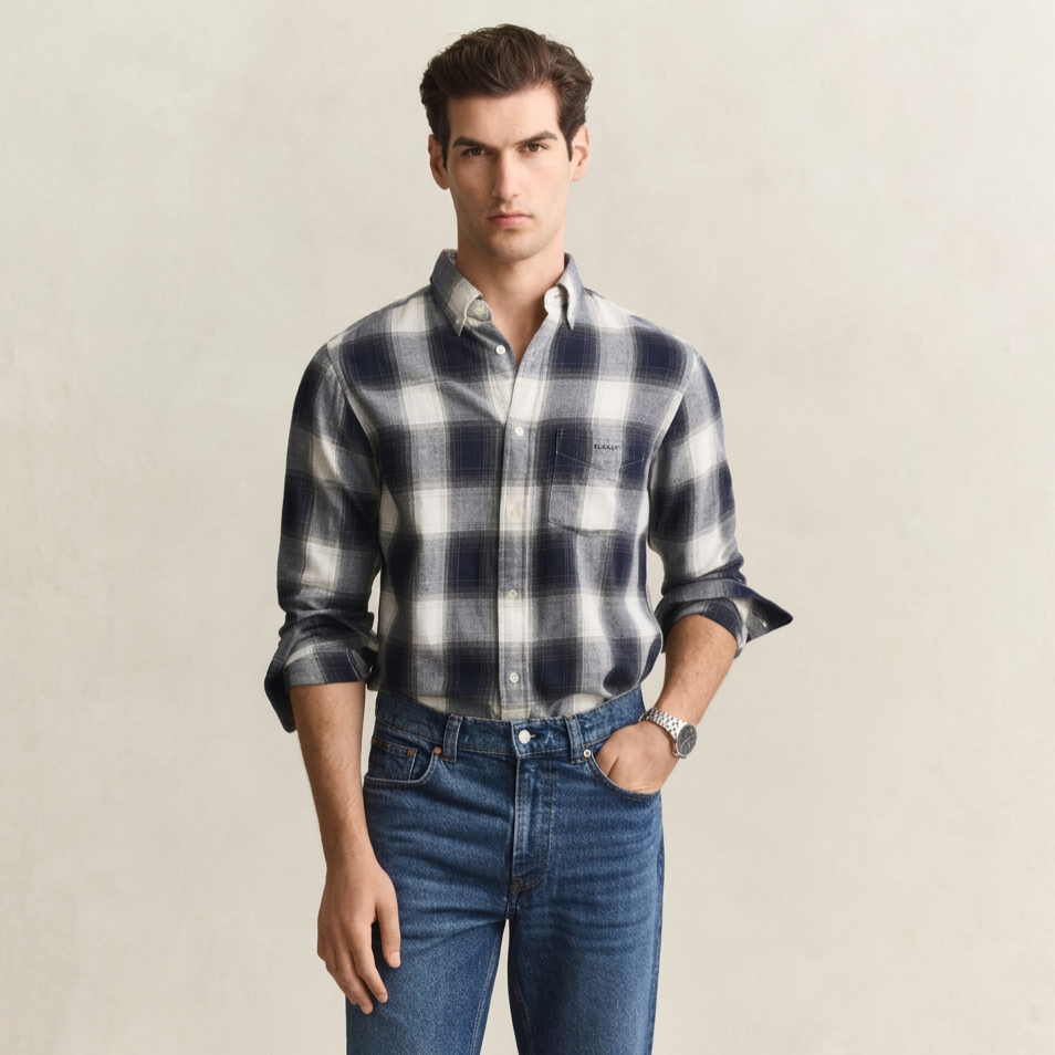 Front View of Model in GANT Regular Fit Windblown Flannel Check Shirt in Evening Blue and Off White