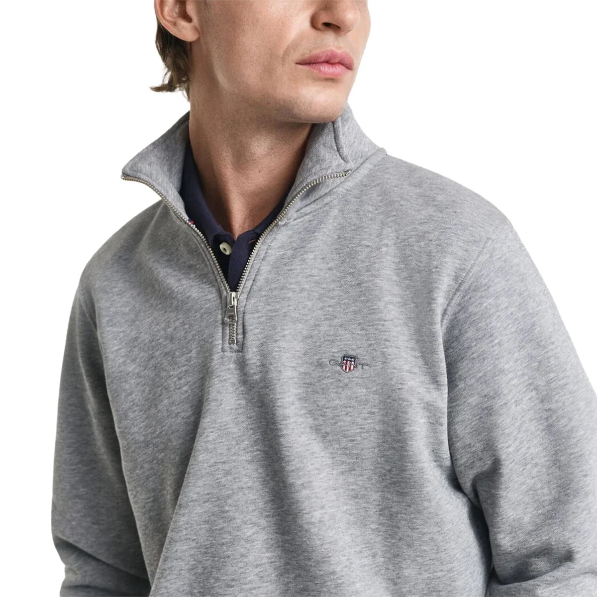 Close Model View of GANT Herringbone Texture Half Zip Jumper in Grey