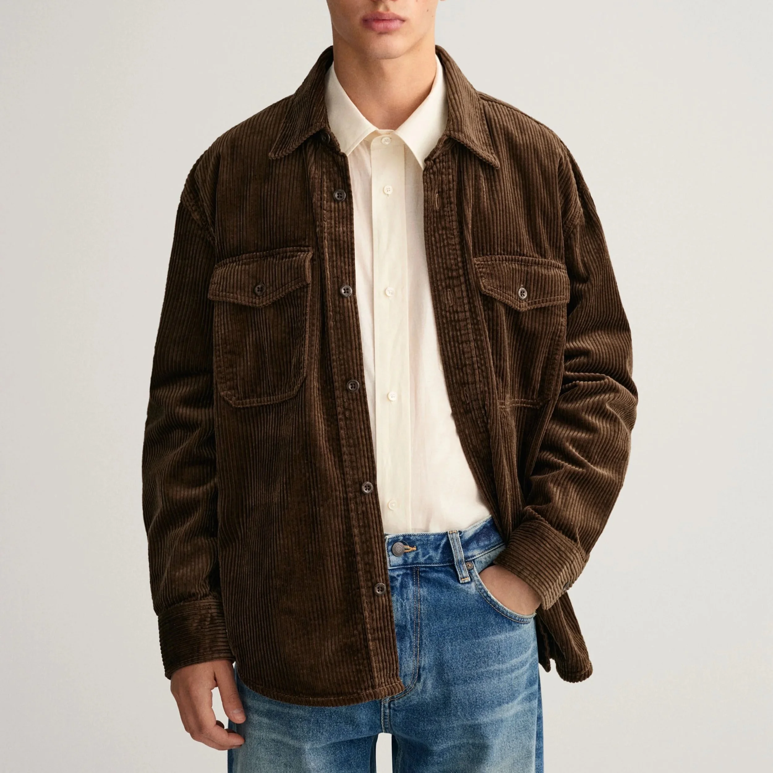 Model View of GANT Regular Fit Corduroy Overshirt in Deep Brown