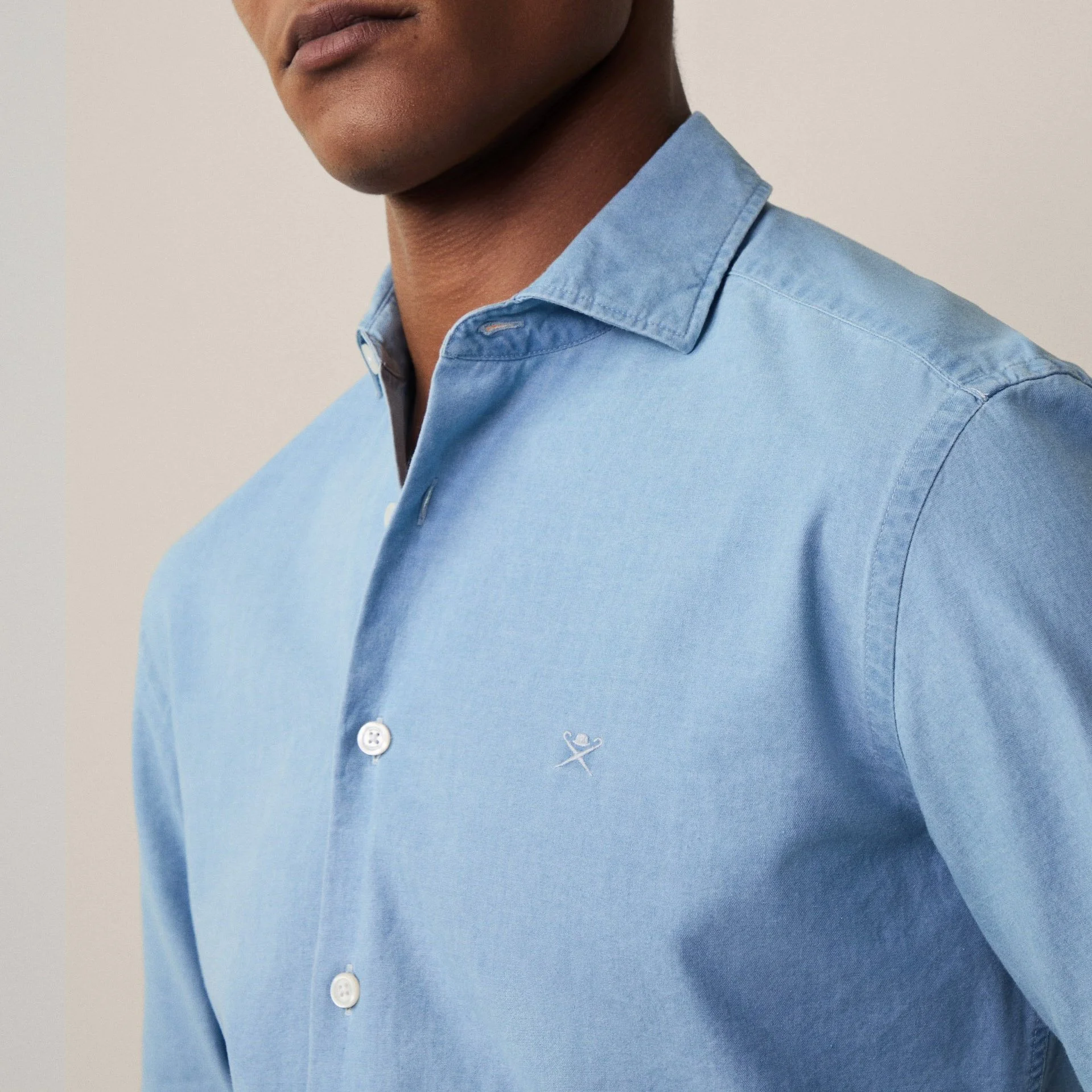 Close View of Model in Hackett Denim Shirt in Light Blue