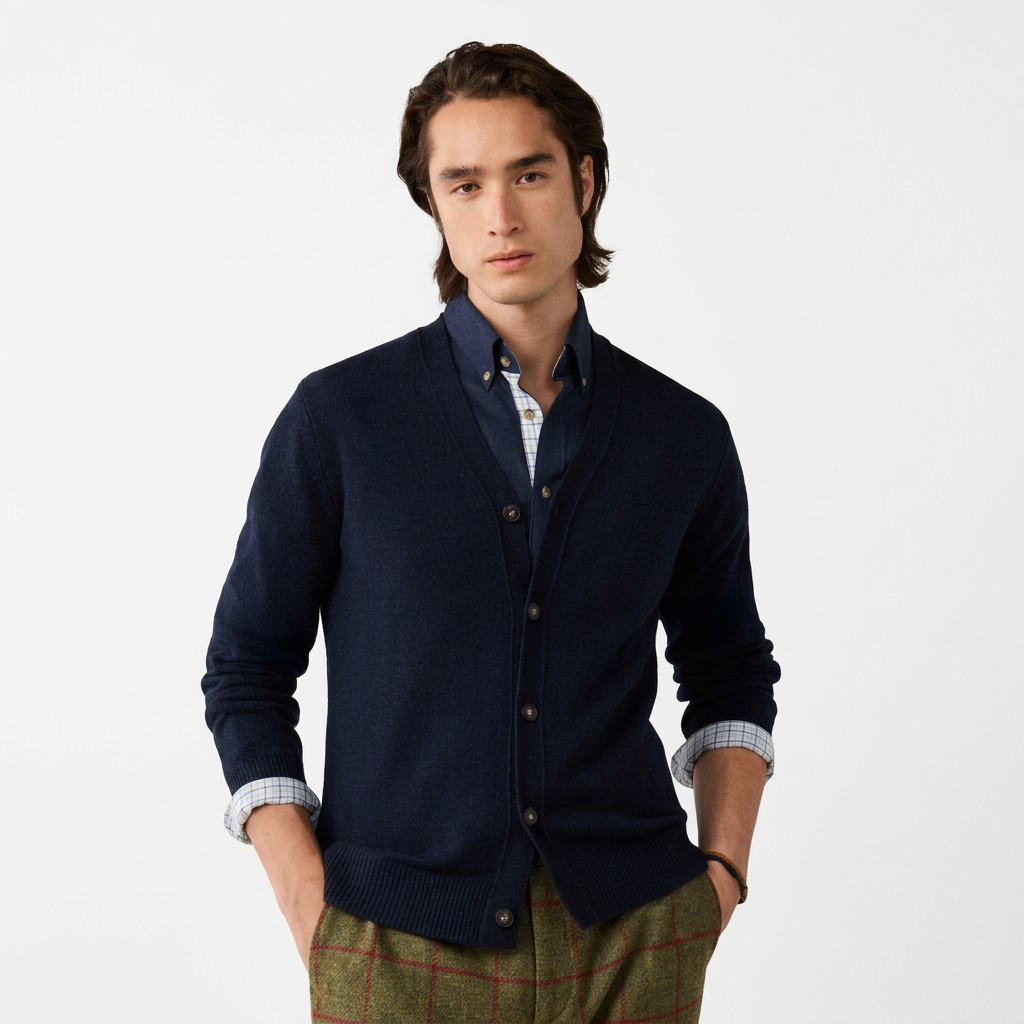 Front View of Model in Hackett Lambswool Cardigan in Navy