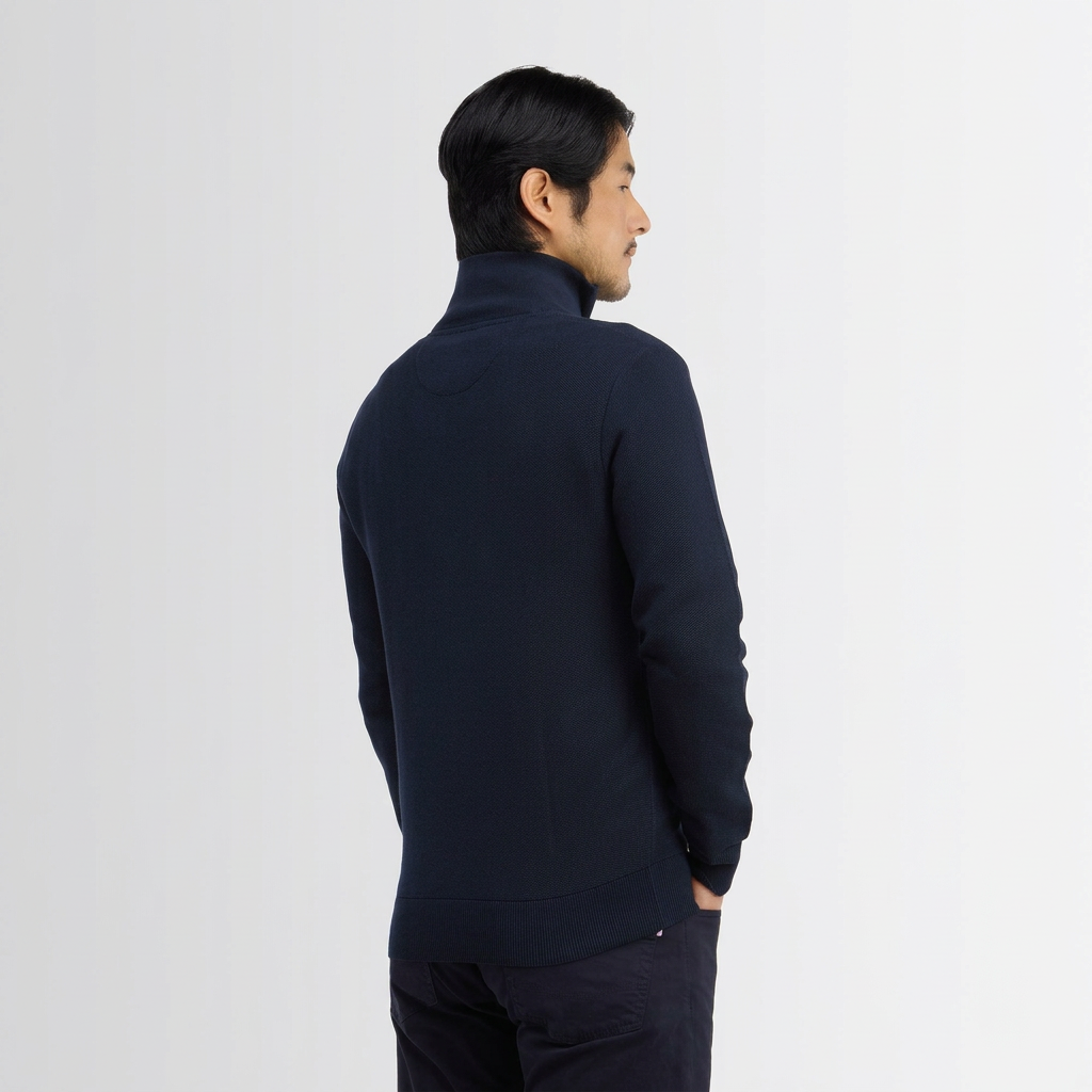 Back View of Model in Eden Park Cotton Half-Zip Jumper in Navy