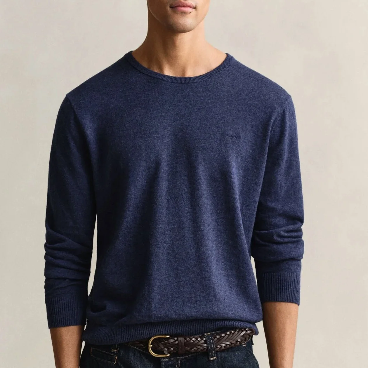 Model View of GANT Texture Cotton and Linen Jumper in Denim Blue