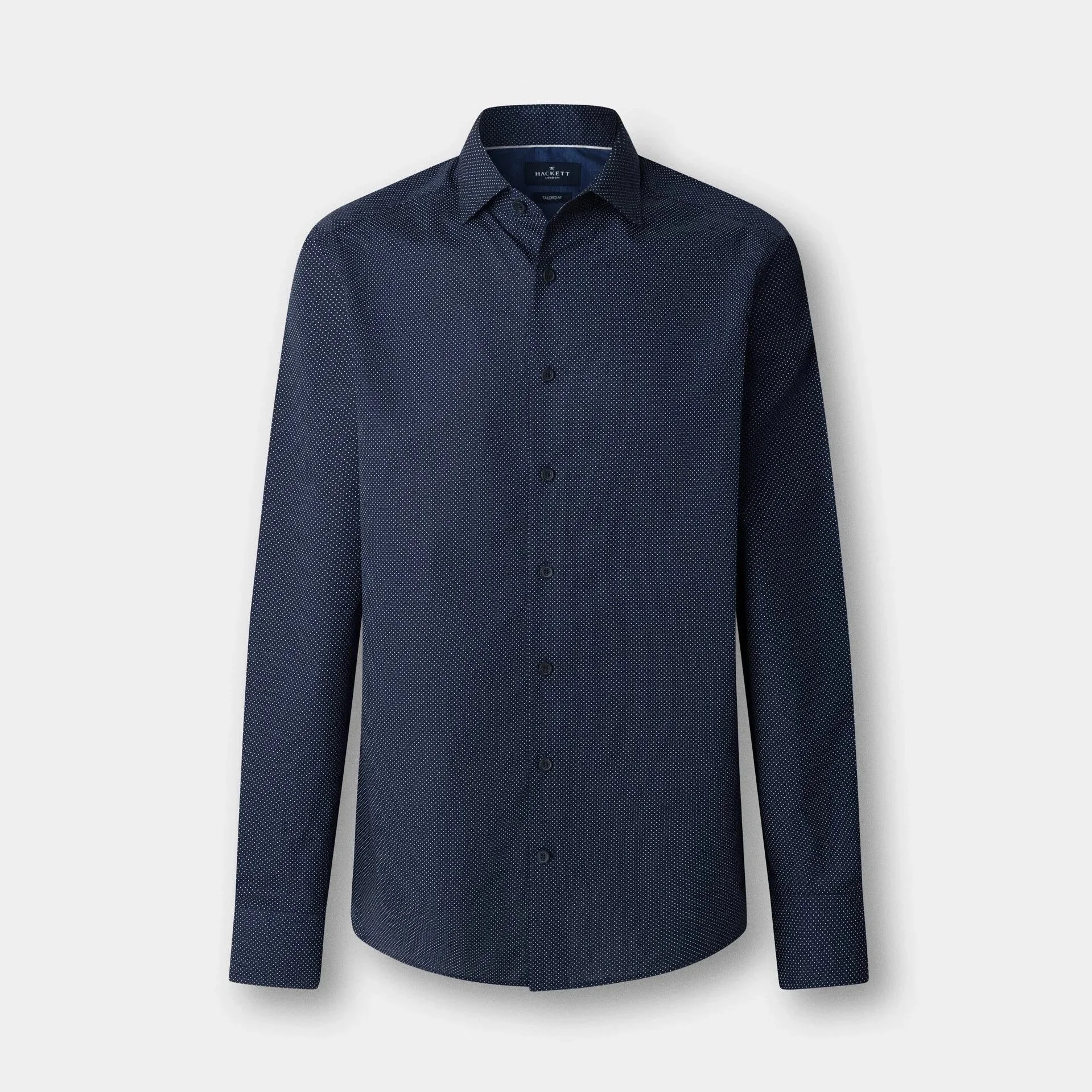Flat View of Hackett Slim Fit Micro Print Shirt in Navy and White