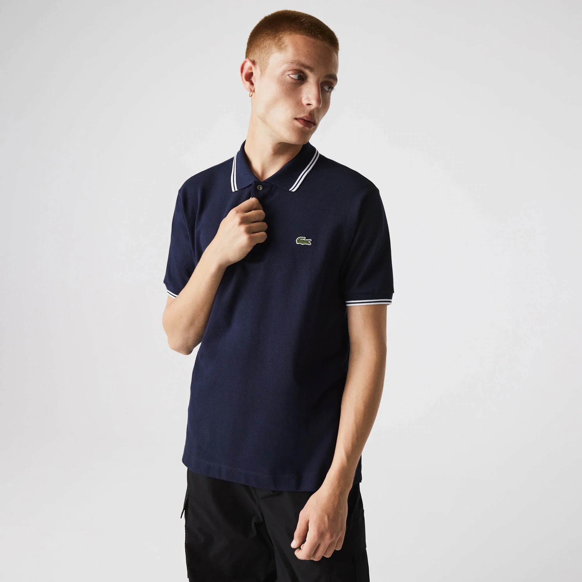 Buy Lacoste Striped Accents Piqué Polo Shirt in Navy | Westdaw Menswear