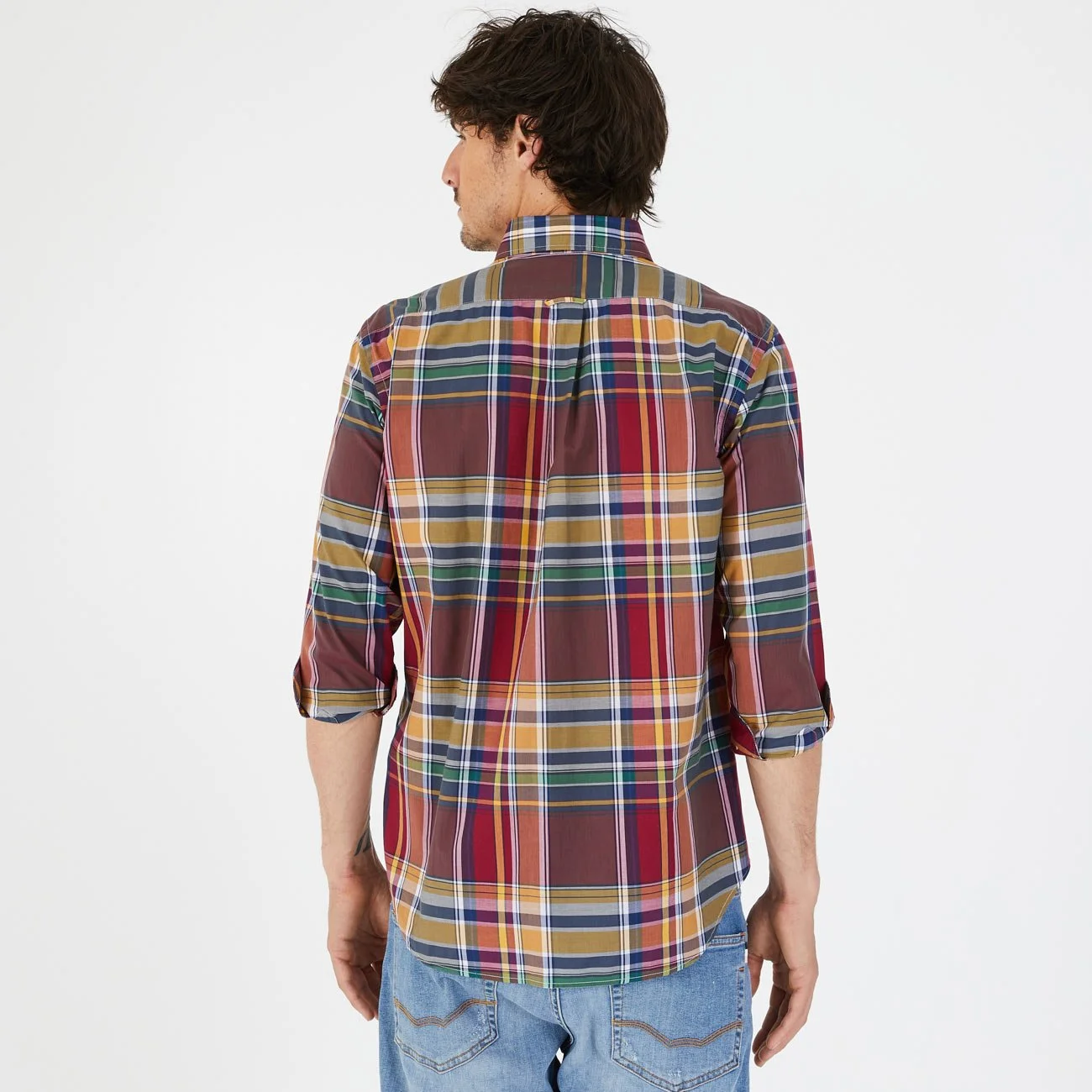 Rear view of model wearing Eden Park Check Shirt in Red / Multi