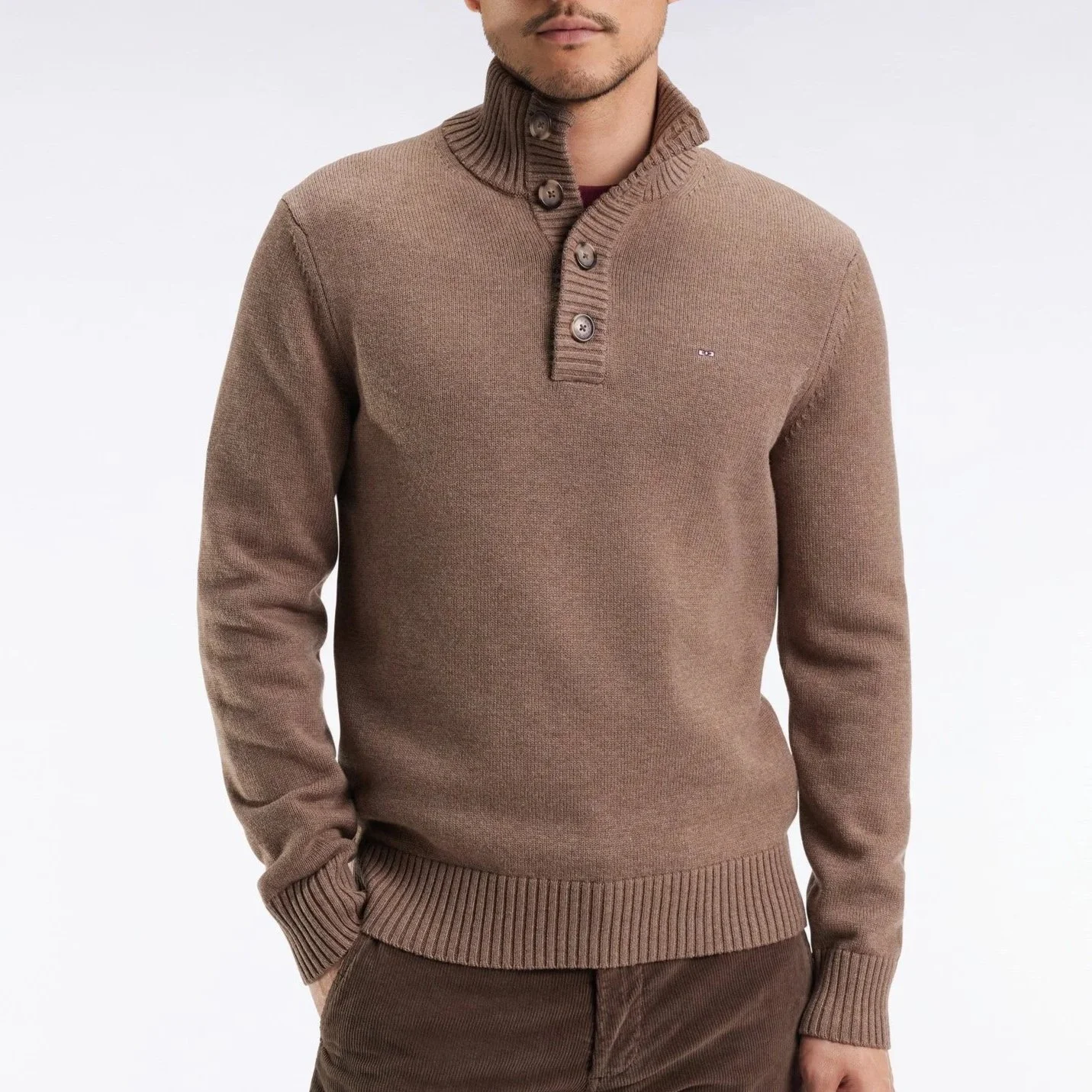 Model View of Eden Park Wool Mix Button Front Jumper in Mid Brown