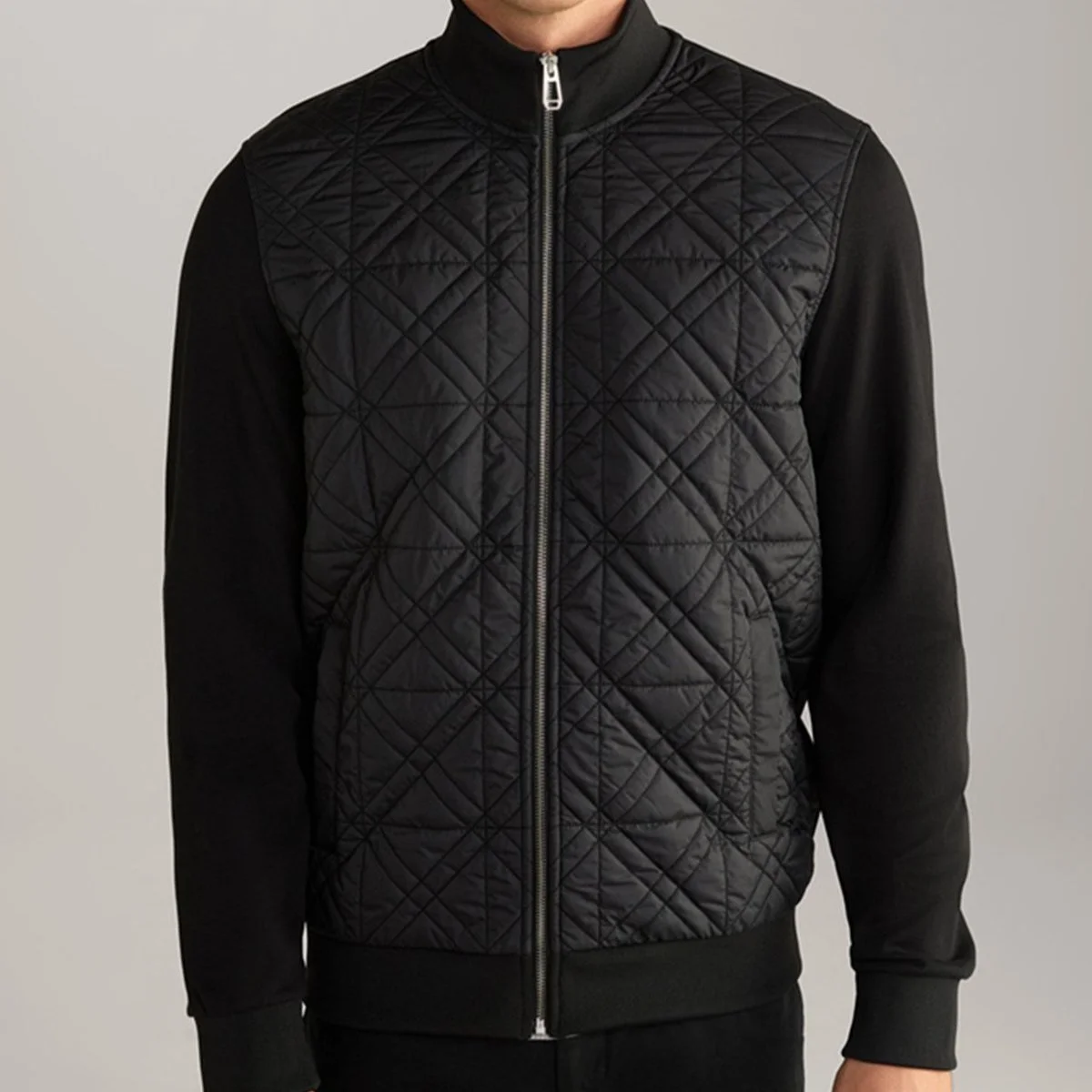 Close View of Model in JOOP Hybrid Quilt Jacket in Black