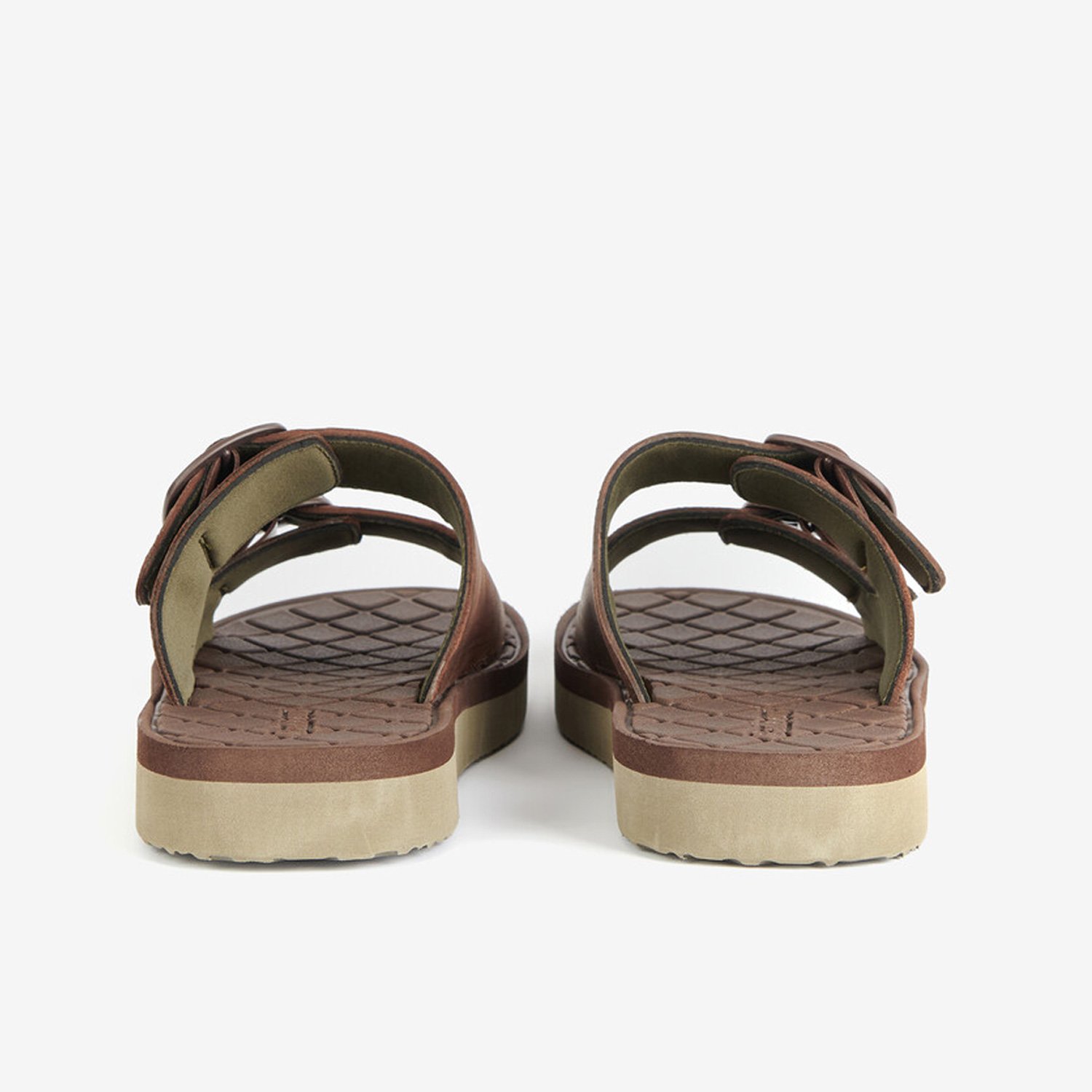 Heel view of Barbour Pit Buckle Sliders in Brown