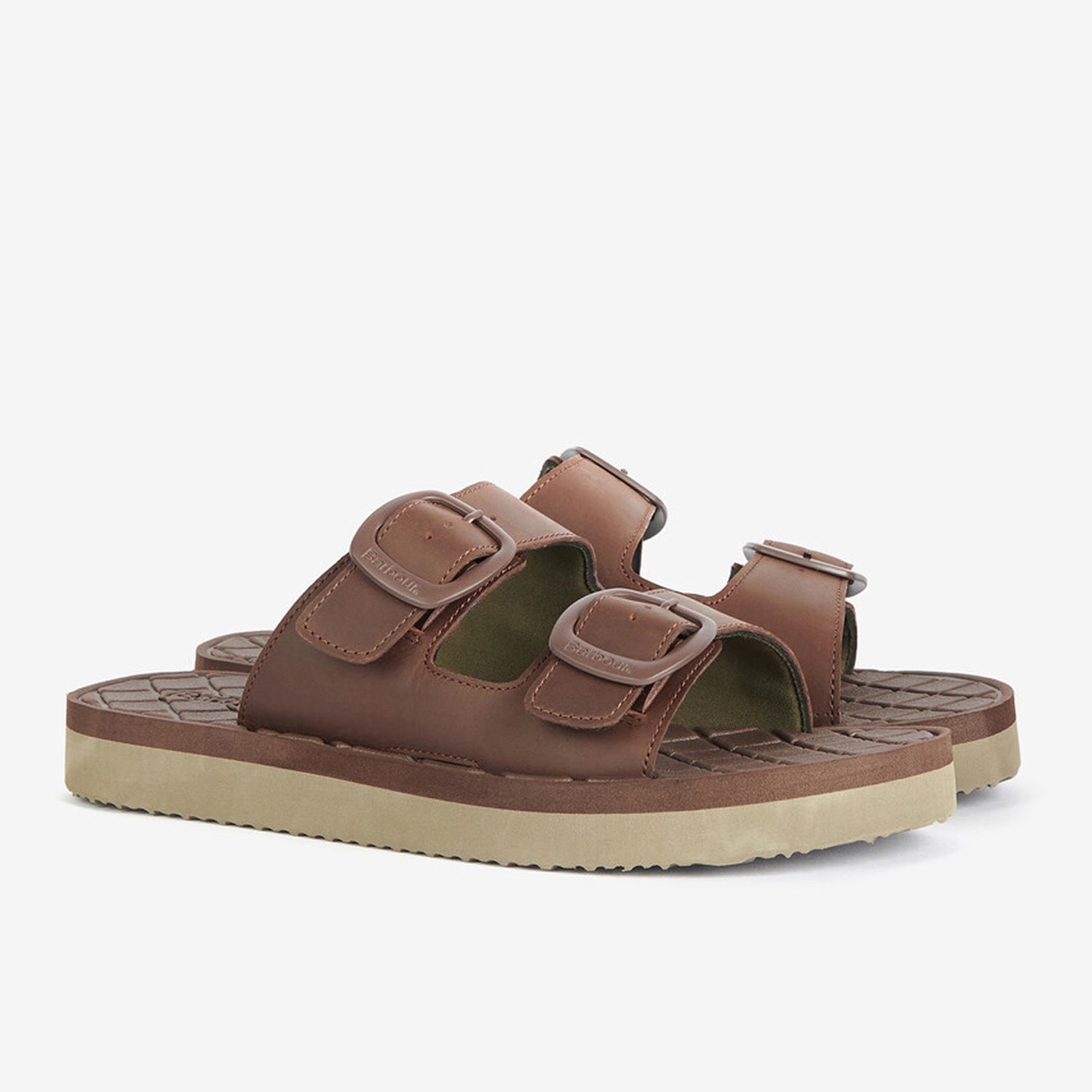 Front side view of Barbour Pit Buckle Sliders in Brown
