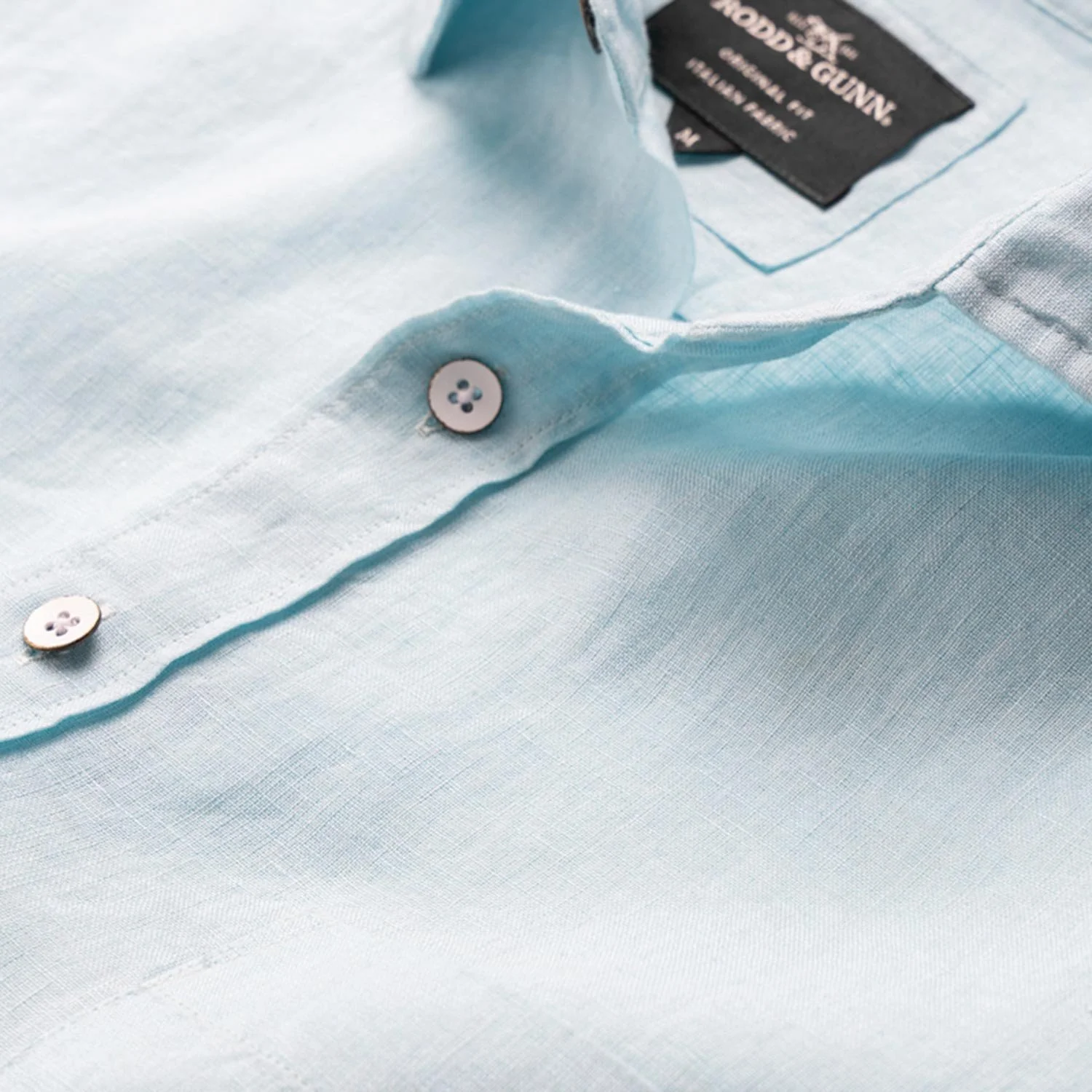 Close-up of Rodd & Gunn Linen Short-Sleeve Shirt in Aqua