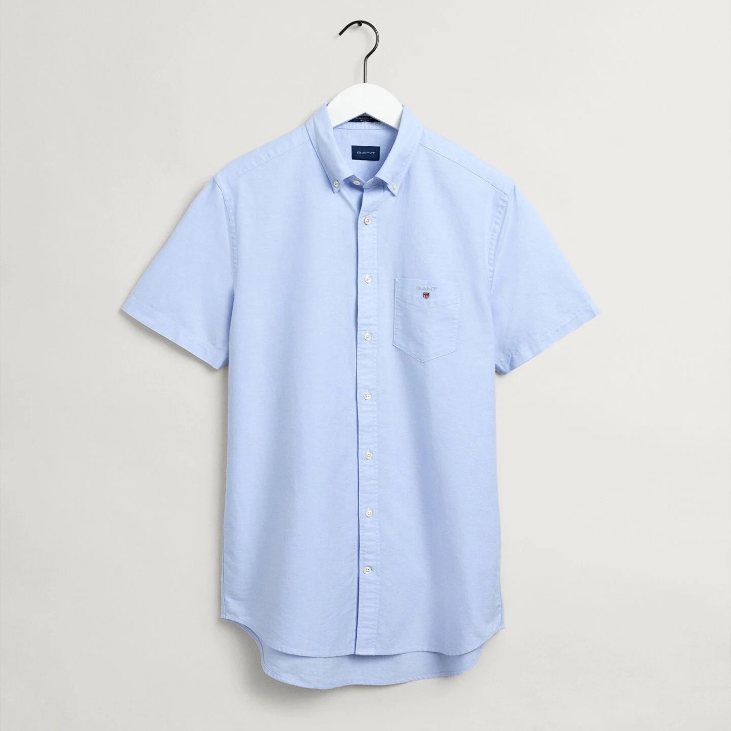 Flat front lay of. GANT Regular-Fit Short-Sleeve Oxford Shirt in Light Blue