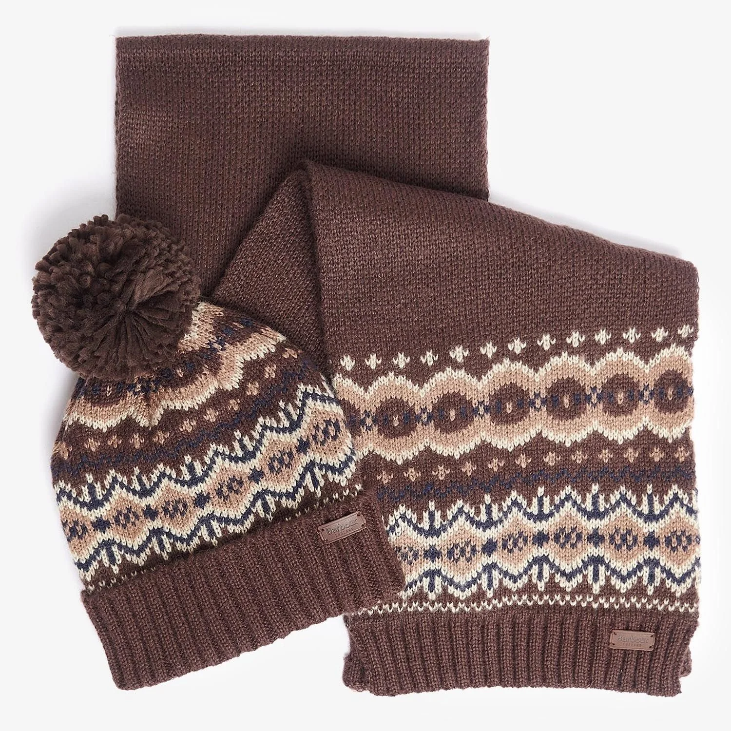 Unboxed View of Barbour Beanie and Scarf Gift Box in Brown and Sand