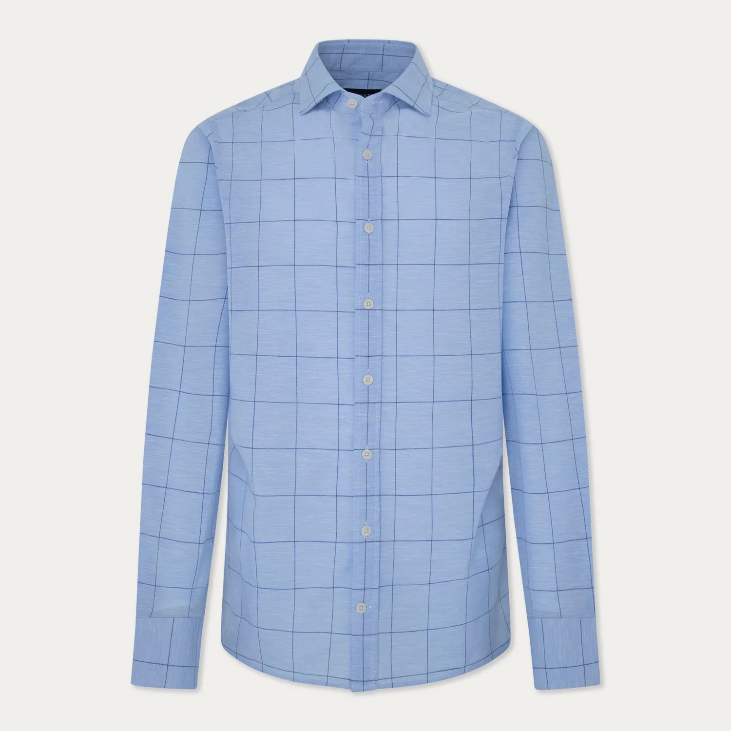 Flat View of Hackett Linen Mix Check Shirt in Light Blue and Navy