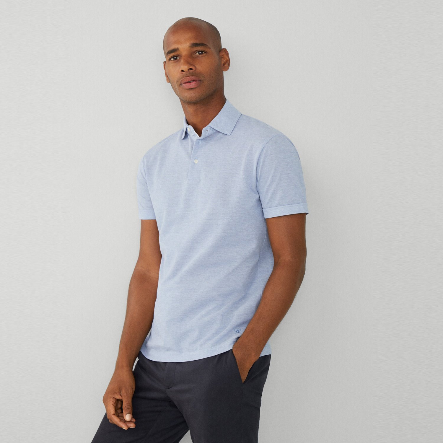 Full View of Model in Hackett Mercerised Polo in Light Blue