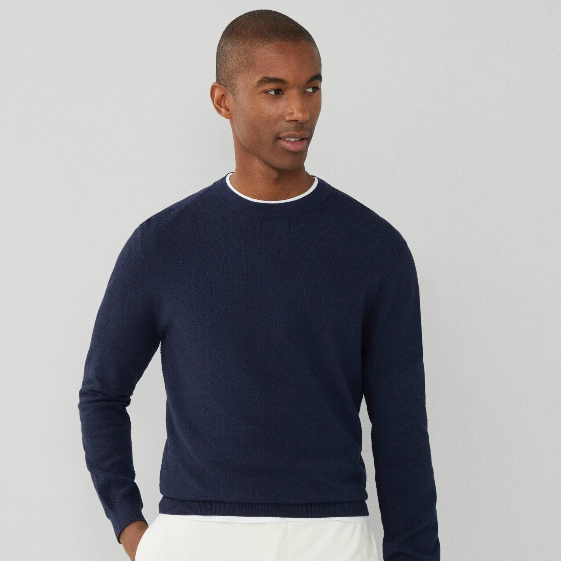 Full View of Model in Hackett Fine Texture Crew Jumper in Navy