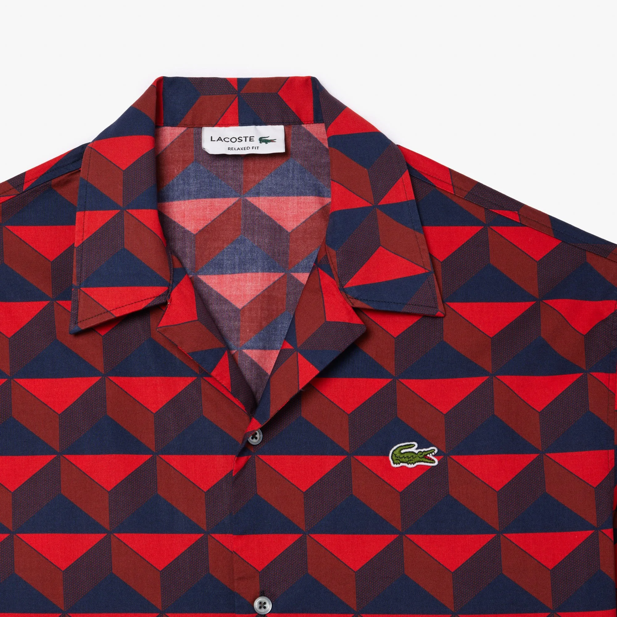 Close Flat View of Lacoste Short Sleeve Geometric Shirt in Red and Navy