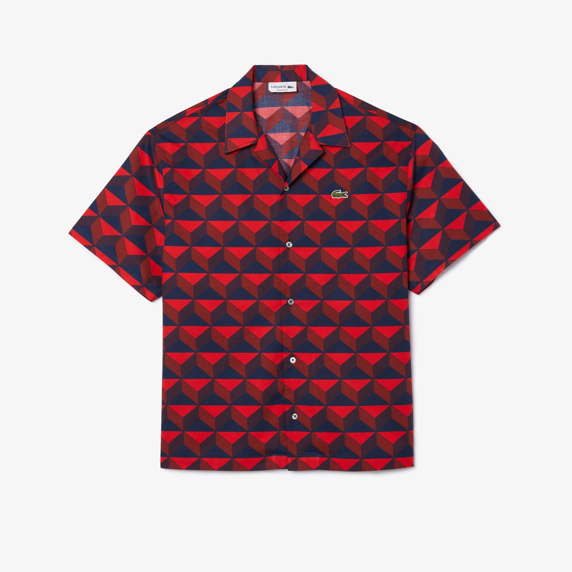 Flat View of Lacoste Short Sleeve Geometric Shirt in Red and Navy