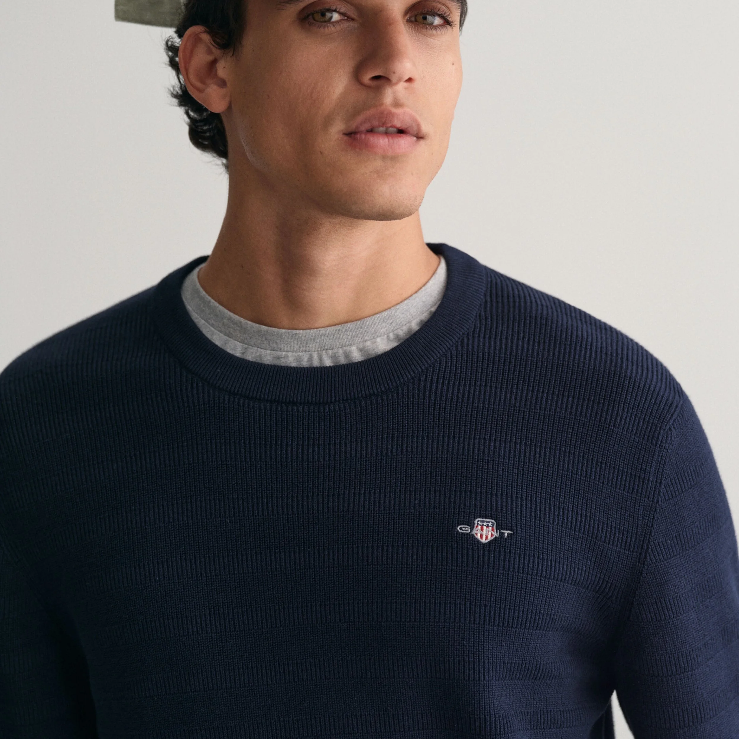 Close View of Model in GANT Texture Cotton Jumper in Navy
