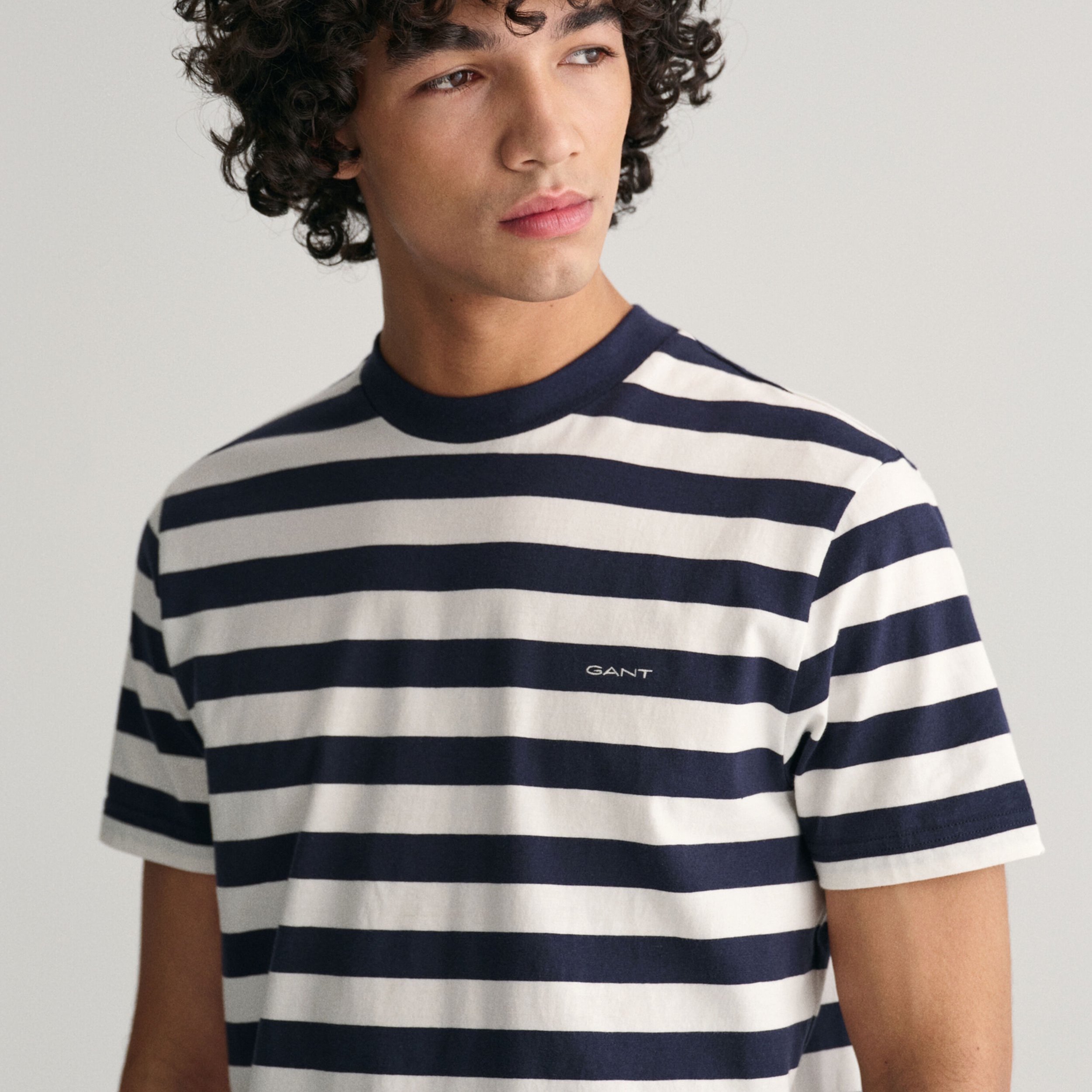 Close View of Model in GANT Stripe T Shirt in Navy