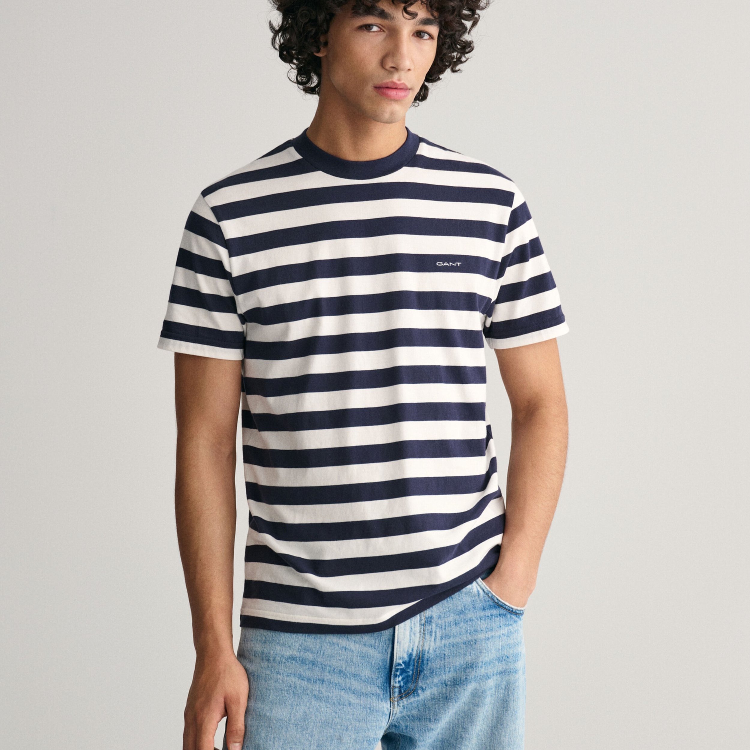 Full View of Model in GANT Stripe T Shirt in Navy