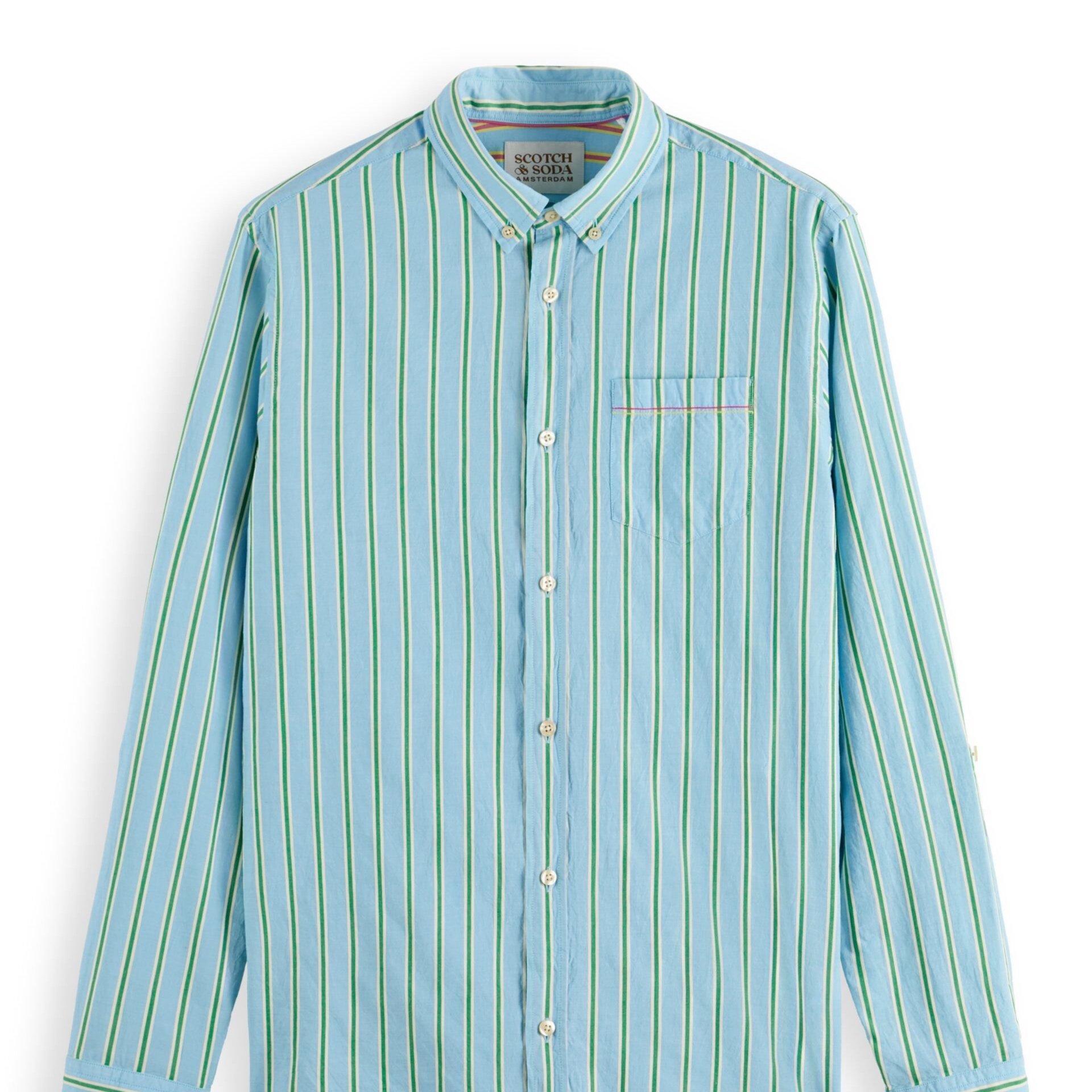 Flat View of Scotch & Soda Cotton Stripe Shirt in Light Blue and Green