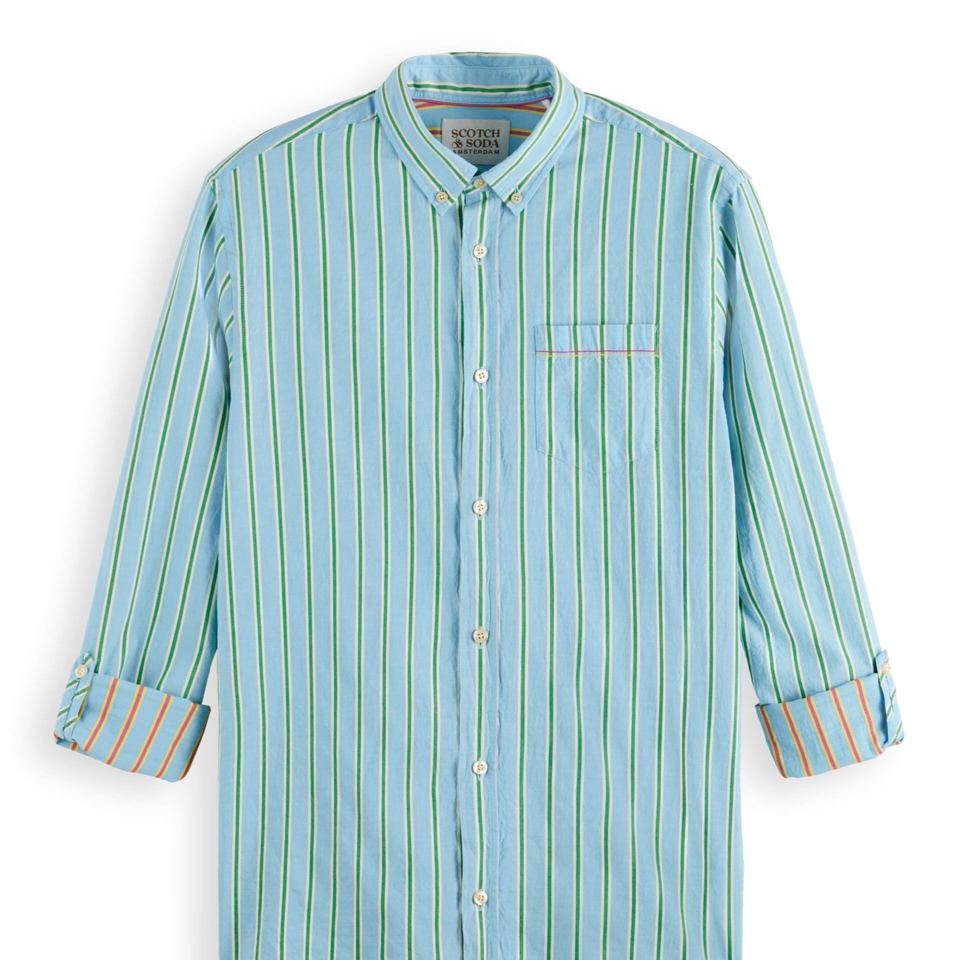 Flat View with rolled Sleeves of Scotch & Soda Cotton Stripe Shirt in Light Blue and Green