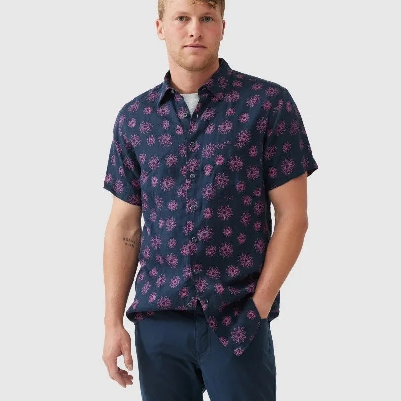 Full View of Model in Rodd & Gunn Slim Fit Linen Short Sleeve Shirt in Navy and Pink