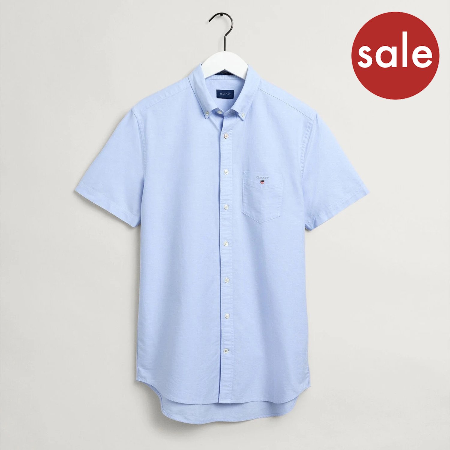 Flat front lay of. GANT Regular-Fit Short-Sleeve Oxford Shirt in Light Blue - SALE