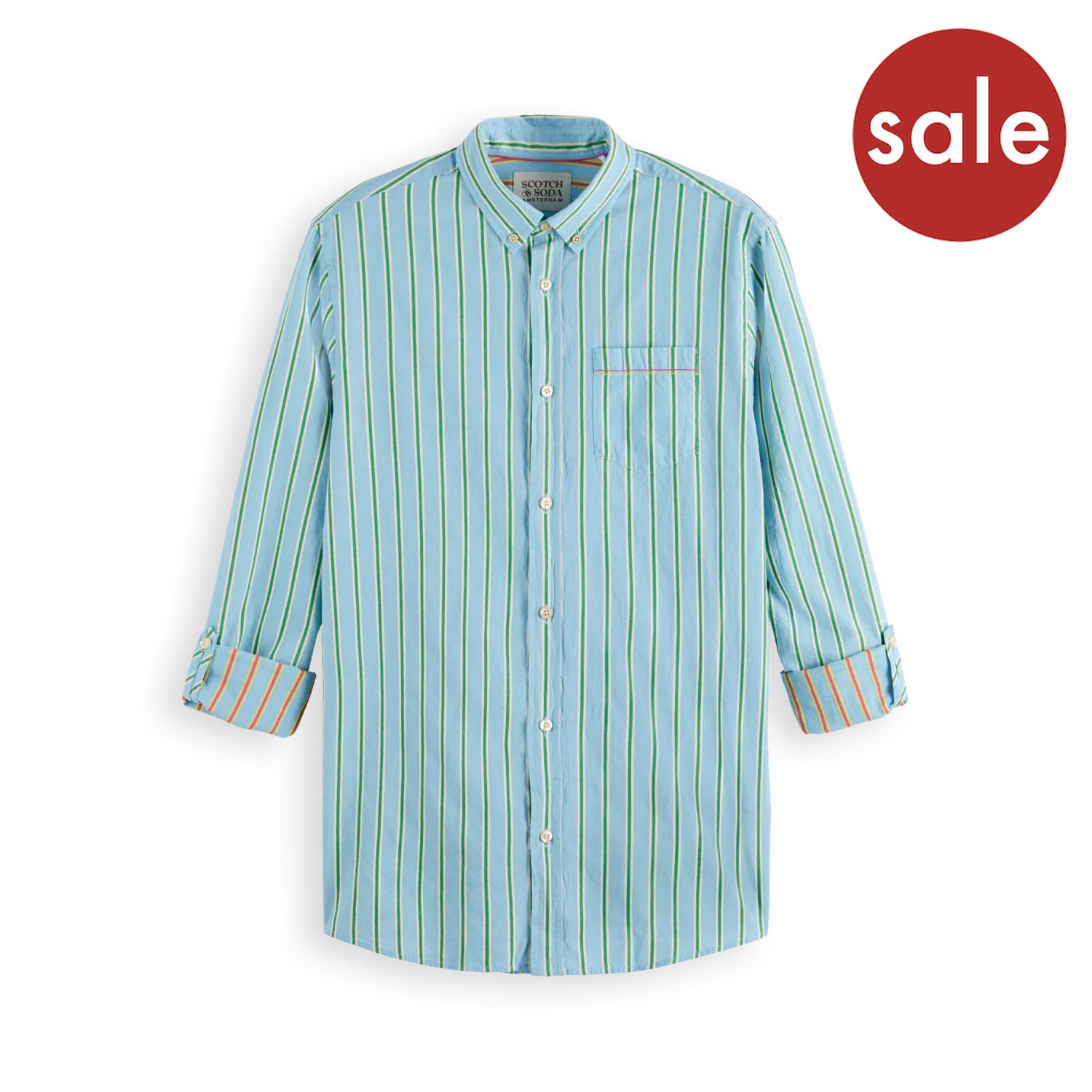 Flat View with rolled Sleeves of Scotch & Soda Cotton Stripe Shirt in Light Blue and Green - SALE