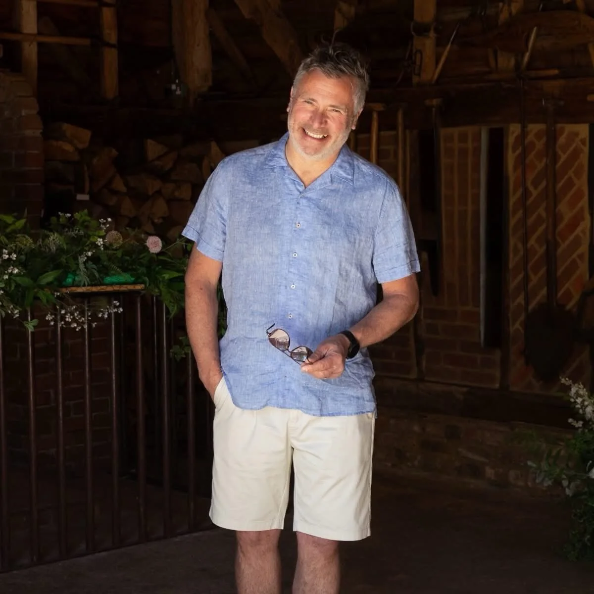 PHOTOSHOOT - THE SUMMER ONE

Lee*, amazing chef and upmarket caterer, sporting a couple of smart and sharp Summer looks. 

Sunspel Luxury Linen Short-Sleeve Shirt, Light Blue - &pound;175
Matinique Stripe Shirt-Sleeve Shirt, White / Sand - &pound;79.