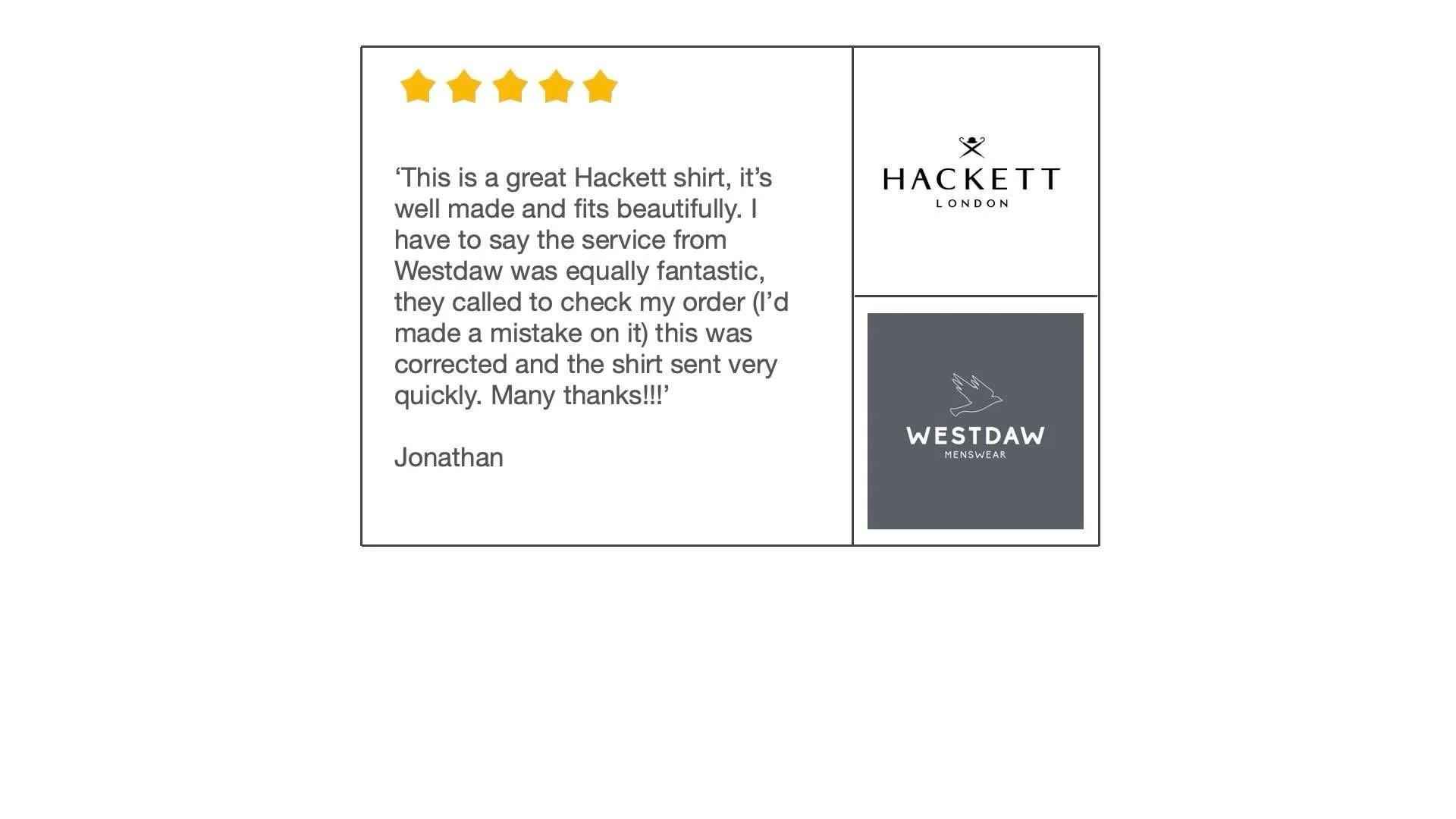 Thanks SO MUCH Jonathan.

With our relentless focus on customer service we really appreciate people taking the time to give us some feedback - we love a happy customer!😎

Shop the full range online or in our Dorking shop.

And if you&rsquo;d like to