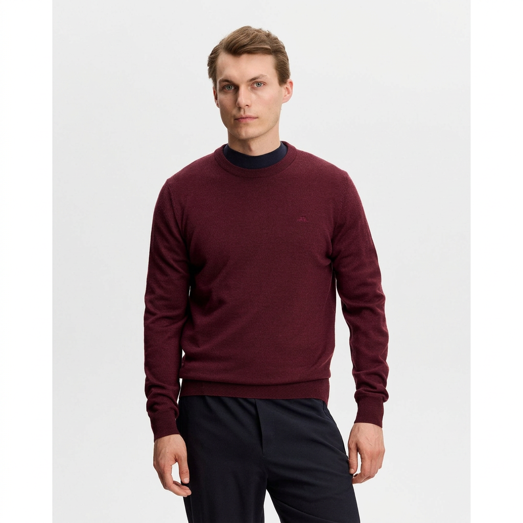 Front View of Model in J Lindeberg Keane Merino Wool Crew Neck Jumper in Burgundy